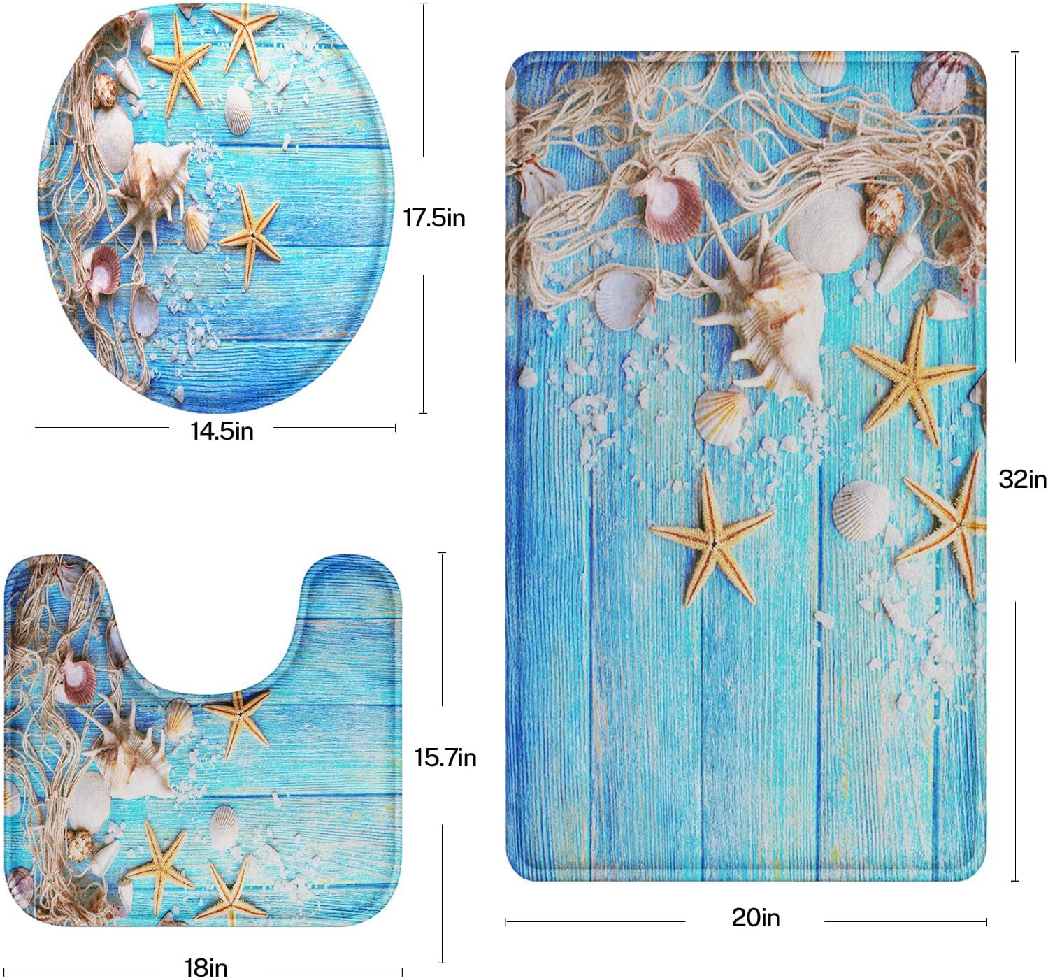 Britimes Juego de 3 tapetes de baño para baño, serie playa, conchas azules, antideslizantes, cubierta lavable, decoración para cocina, baño,