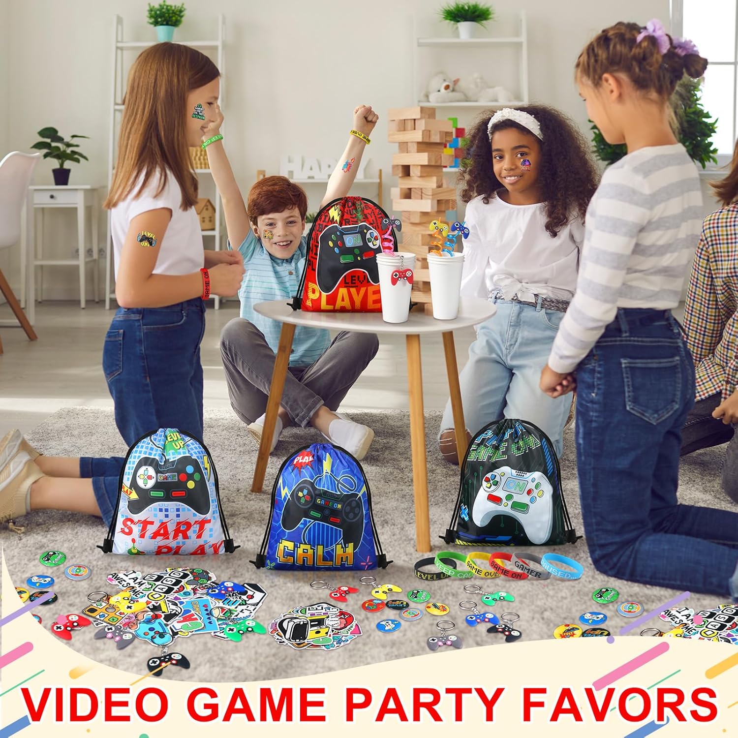 Sadnyy 140 piezas de regalos de fiesta de videojuegos, béisbol, fútbol, baloncesto, suministros para fiestas, bolsas con cordón con pulsera de