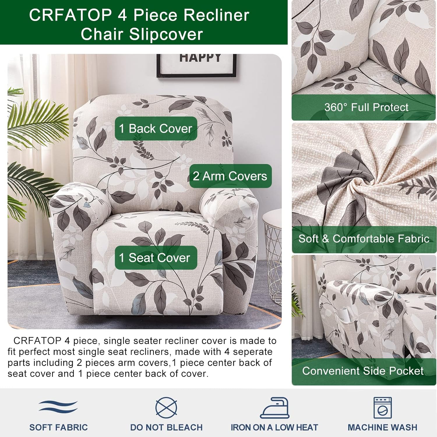 CRFATOP Funda reclinable con estampado floral y bolsillos, funda reclinable individual de 4 piezas para sillón reclinable Lazy Boy con parte