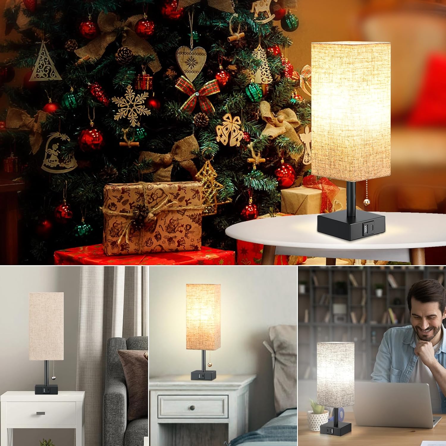 Lámpara de noche beige con puertos USB, lámpara de dormitorio con cadena de tracción para mesita de noche, lámpara de mesa pequeña con USB C + un