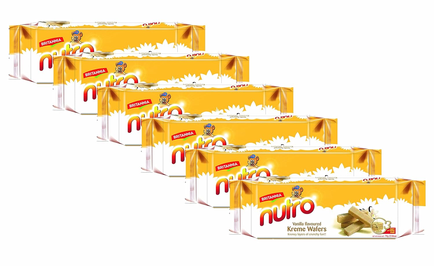 BRITANNIA Nutro Wafers Vanilla 2.65oz (75g)  Snacks saludables para desayuno y té  Obleas de crema con sabor a vainilla (paquete de 6)