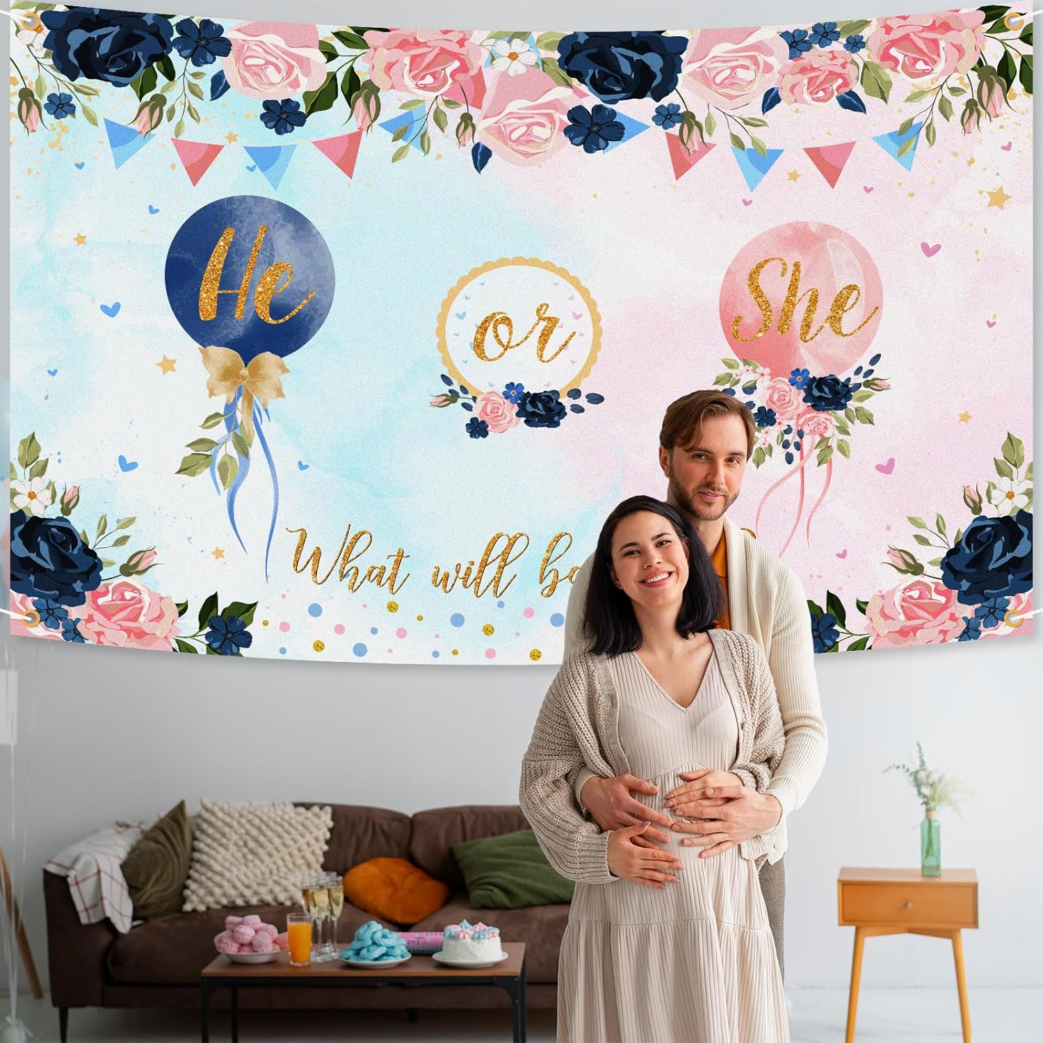 Cartel de fondo de revelación de género con texto en inglés “He or She Gender Reveal What Will Baby Be Gender Reveal”, suministros de decoración de