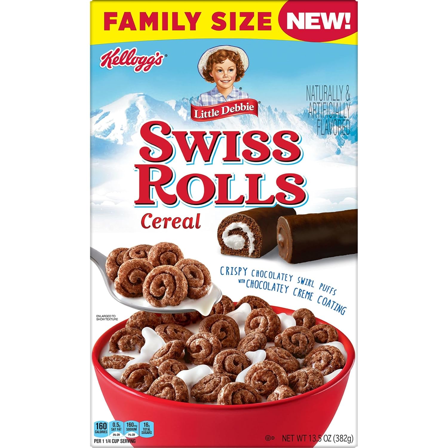 Little Debbie Cereal para desayuno frío, 8 vitaminas y minerales, aperitivos para niños, tamaño familiar, rollos suizos, caja de 13.5 onzas (1 caja)