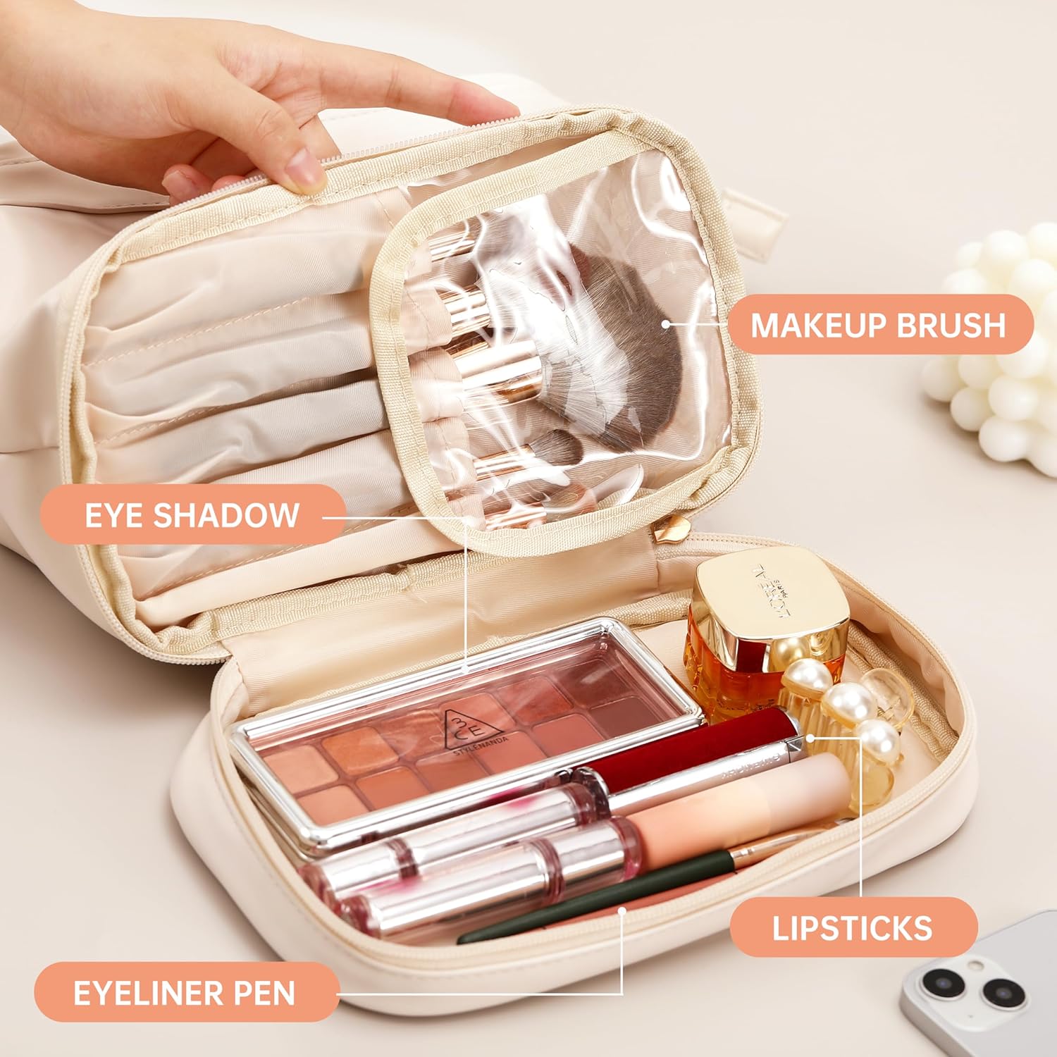 TOBEHIGHER Bolsa de maquillaje de viaje Bolsa de cosméticos Bolsa de maquillaje, Blanco, Bolsa de maquillaje