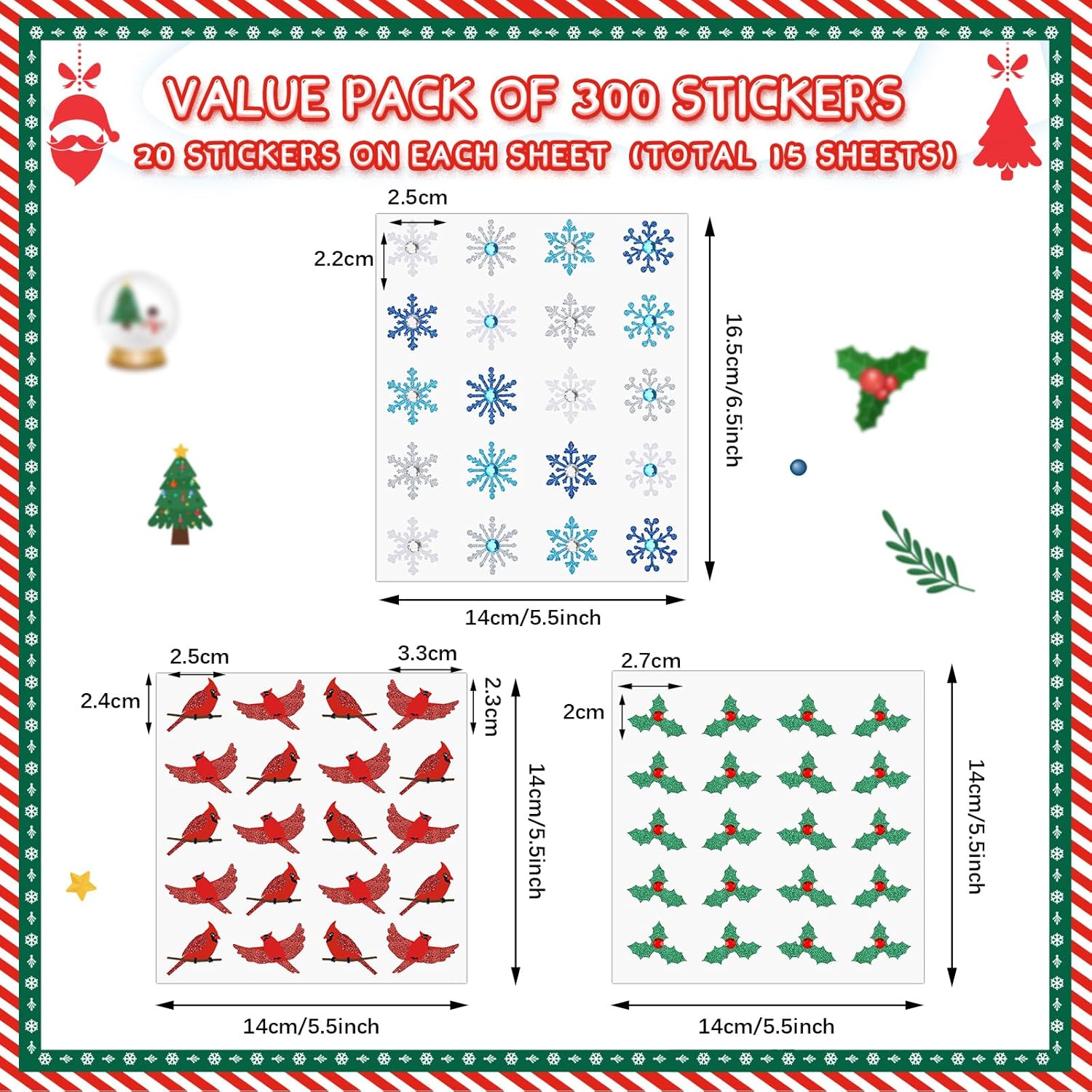 Zonon 300 calcomanías de acebo de Navidad, copos de nieve, calcomanías de purpurina dimensional de diamante 3D de Navidad, calcomanías decorativas