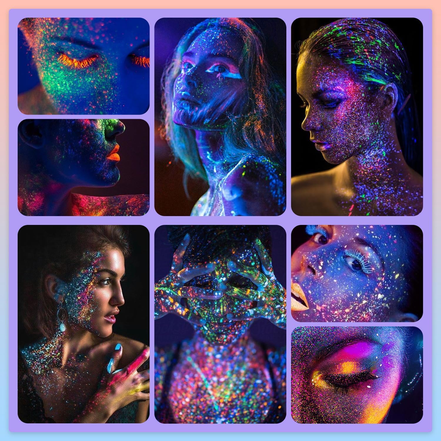 Juego de 12 colores que brillan en la oscuridad, purpurina holográfica brillante con pegamento de maquillaje para cuerpo, cara, ojos, cabello, uñas,