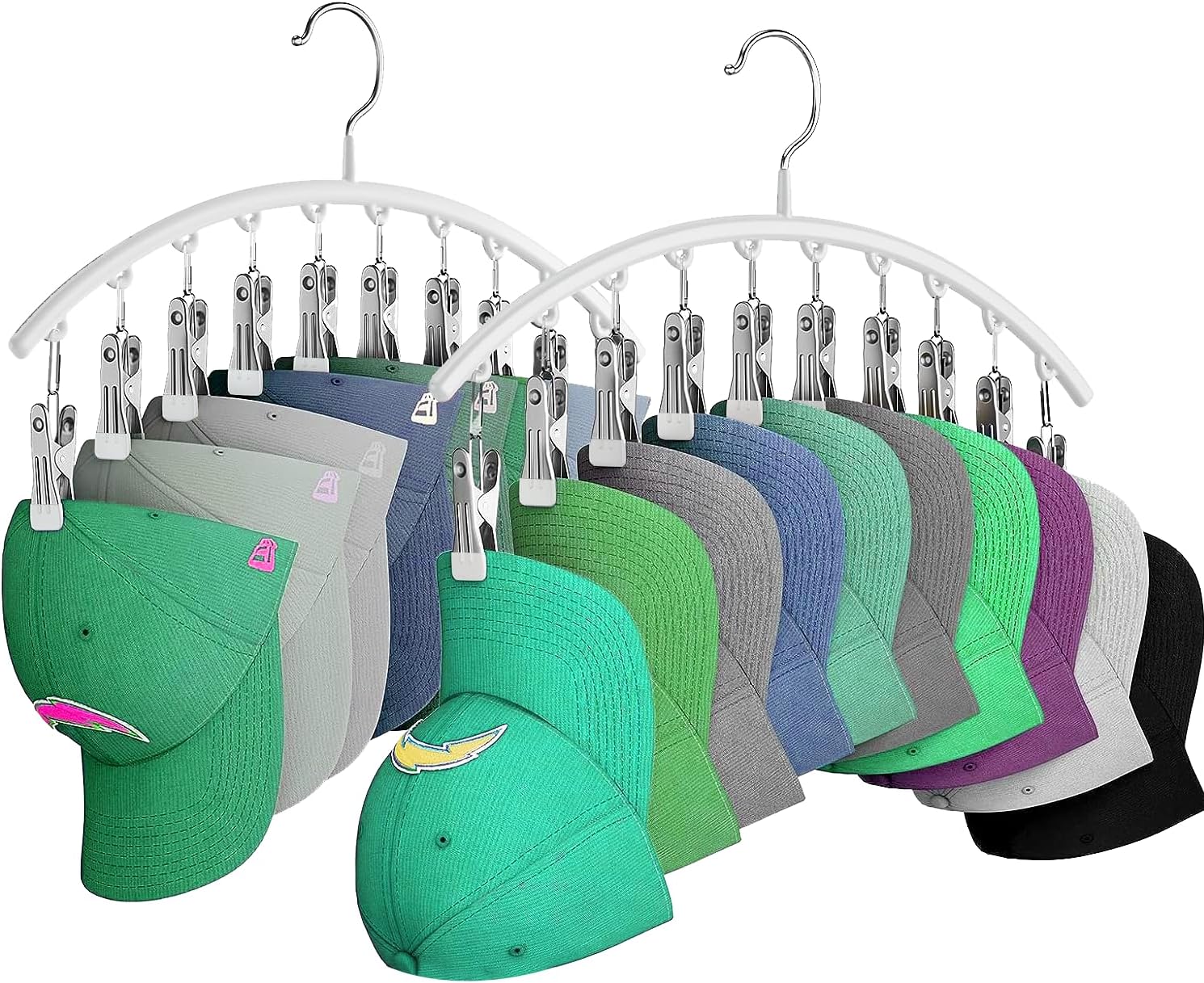 Hat Racks for Closet, Metal Hat Organizer Racks for Baseball Caps 2 Pack Door Hat Racks for Baseball Caps with 10 Large Clips, Baseball Hat Holder