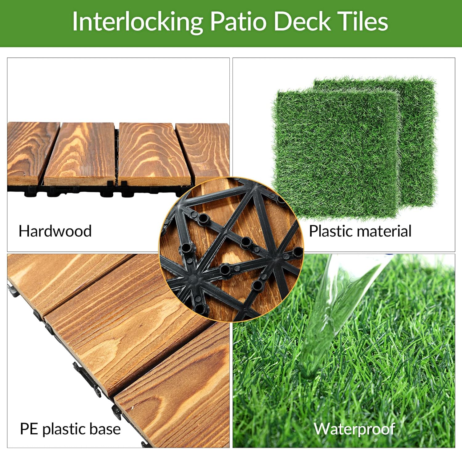 24 azulejos de madera dura entrelazados para patio y césped artificial, baldosas de madera impermeables, azulejos de césped entrelazados para