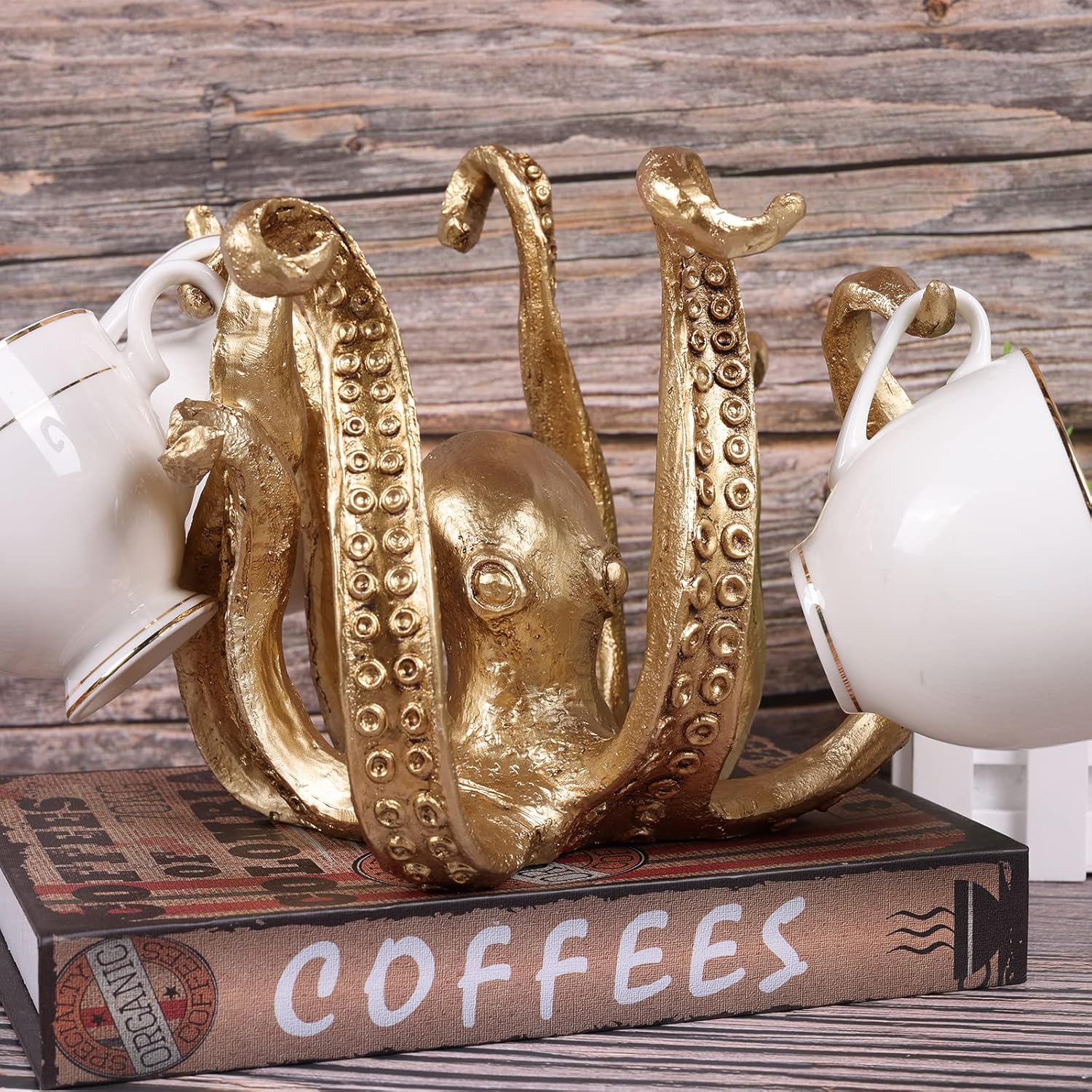 DOVDOV Portavasos de pulpo, soporte de taza de café de pulpo de resina, estatua de pulpo, decoración moderna dorada del hogar, accesorios de bar