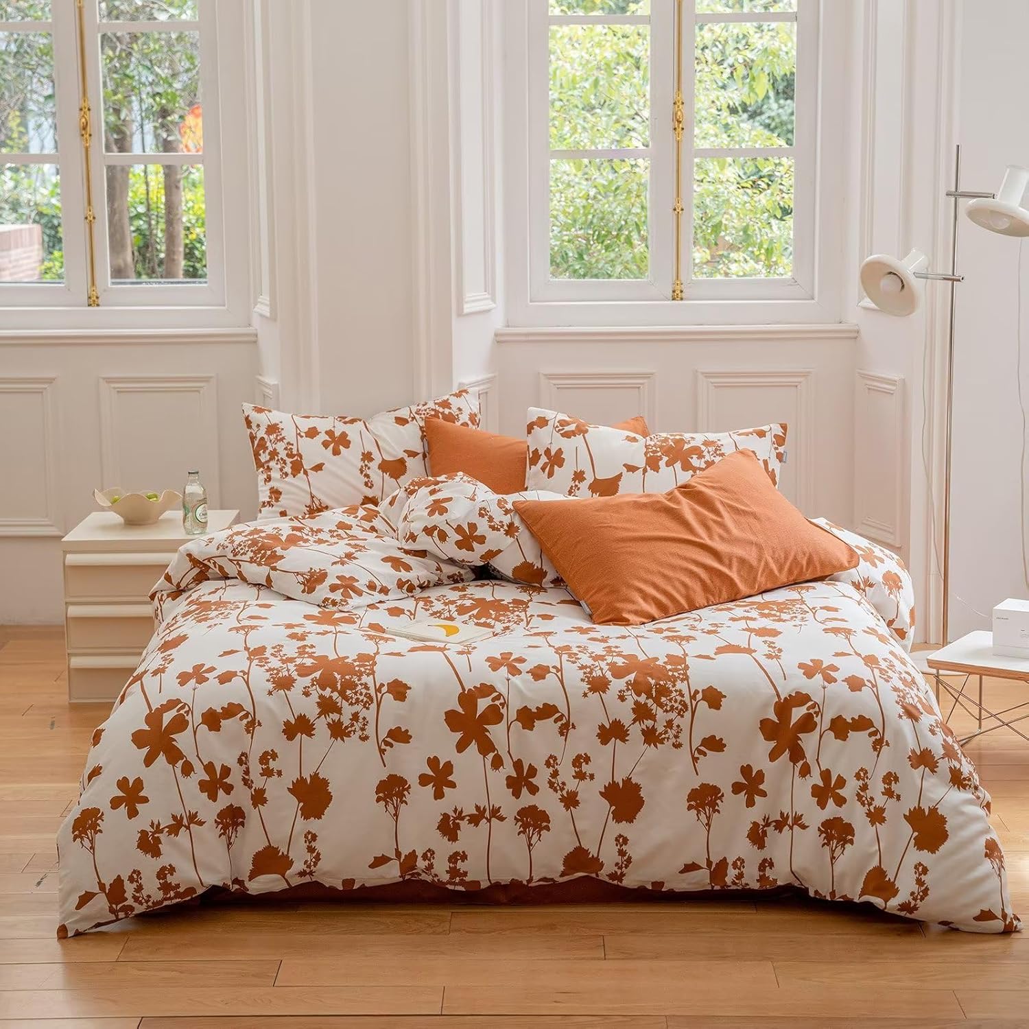 BuLuTu Juego de funda de edredón con diseño de hojas naranjas quemadas, estampado botánico, blanco, 100% algodón, juego de ropa de cama estética,