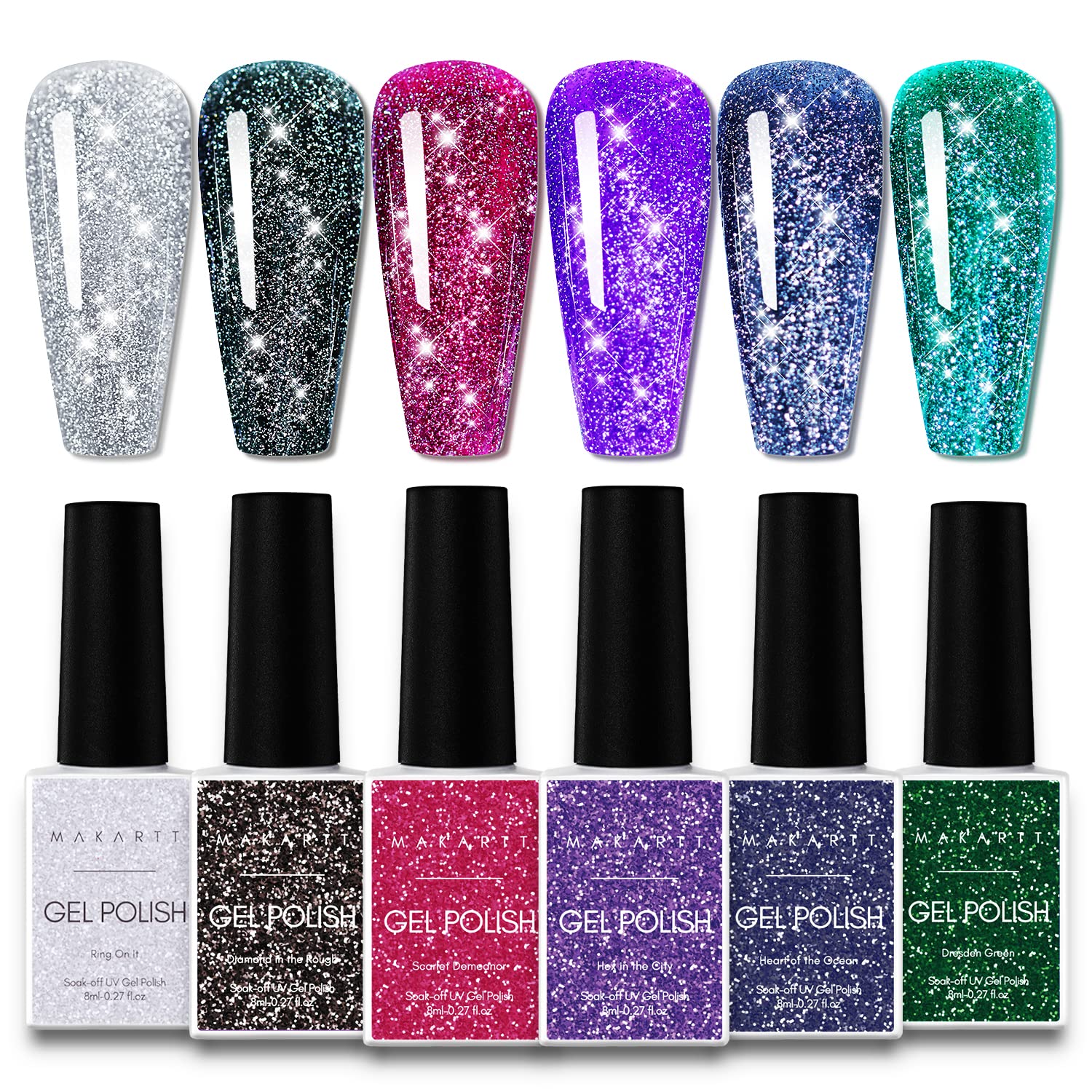 Makartt Juego de esmaltes de uñas de gel, 6 colores reflectantes, kit de esmalte de uñas de gel con purpurina reflectante, color rojo, negro y