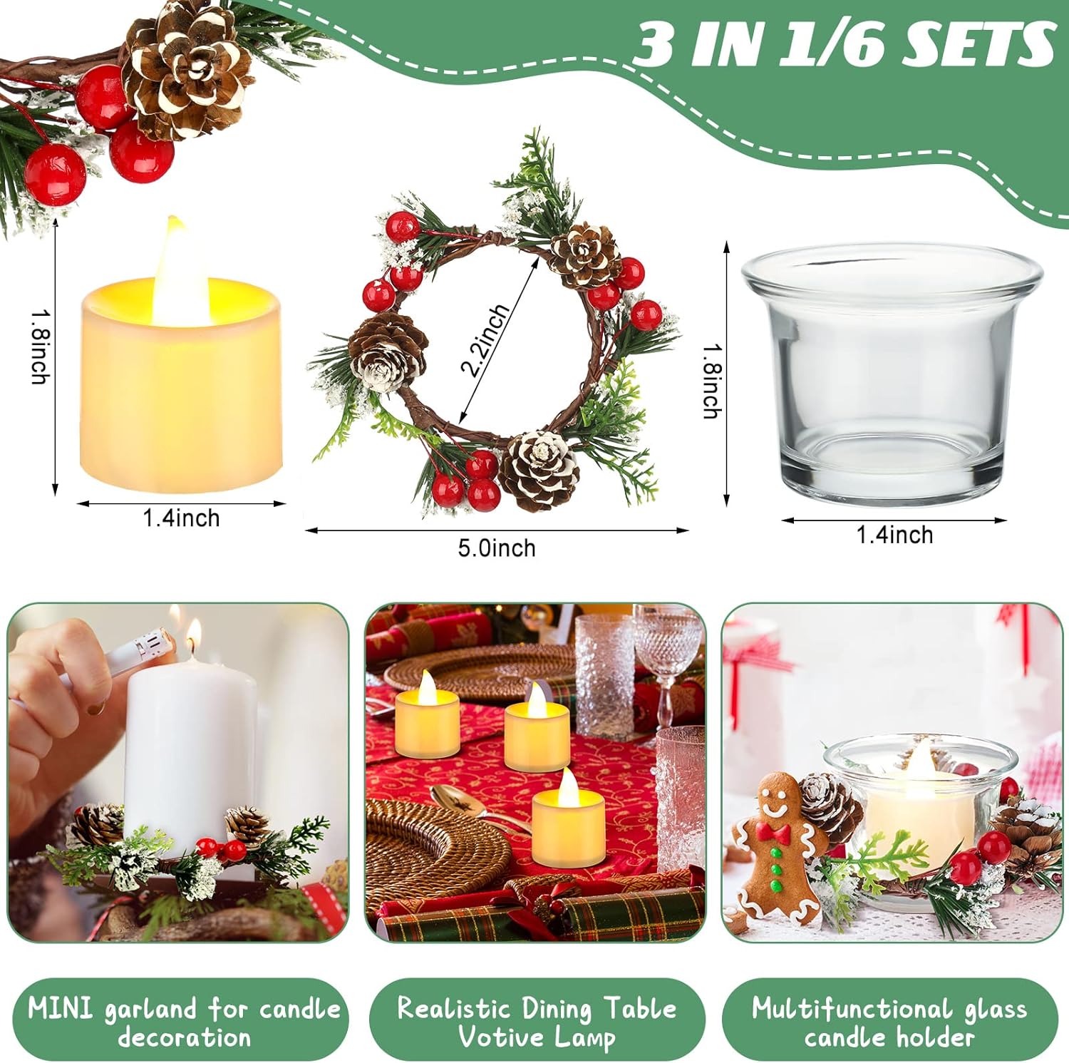 18 piezas de vela de Navidad candelabros de bayas artificiales con candelita de vidrio y velas votivas para decoración de Navidad