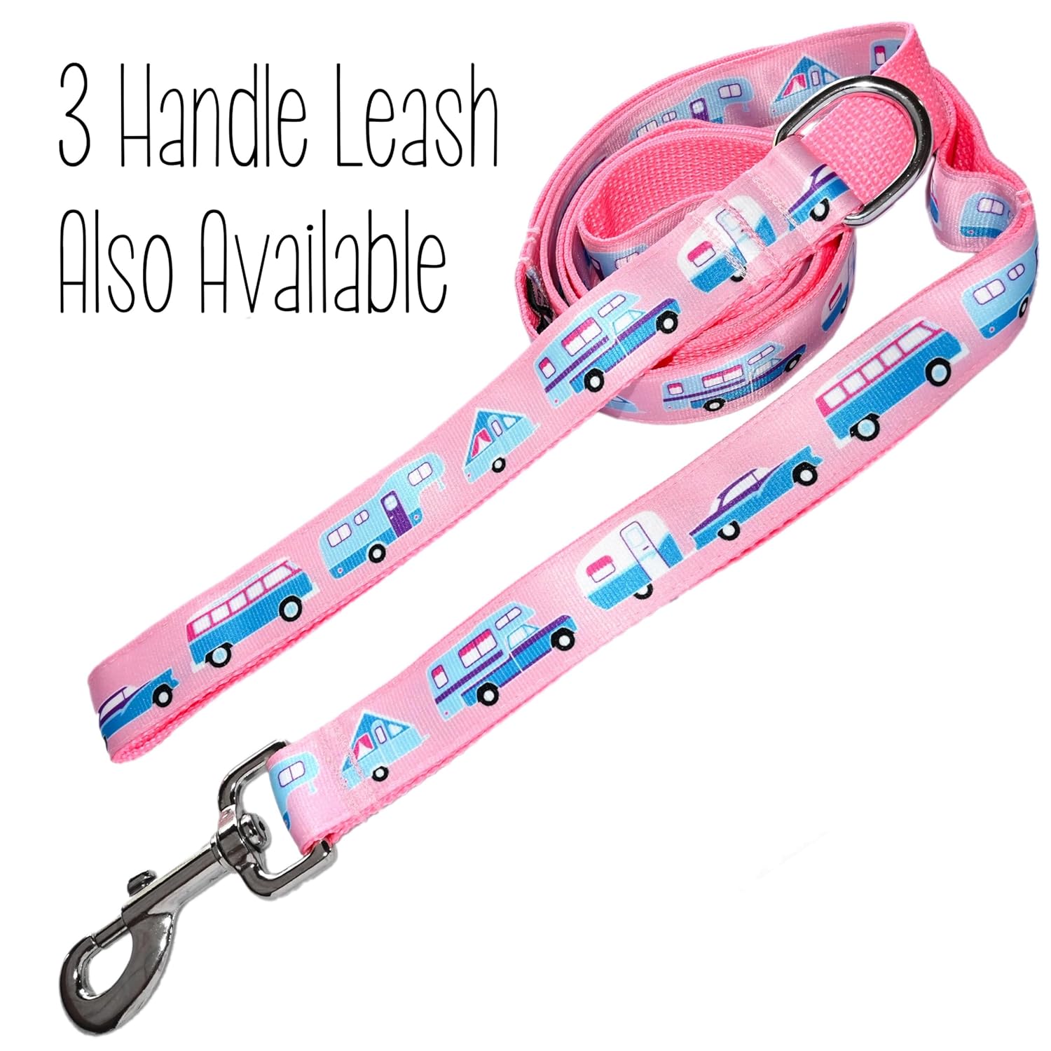 RV Camping Dog Collar – Pink Camper Collar – Vintage Car & Trailer – Van – Fifth Wheel – Truck Camper – A-Frame – 4 Sizes – Adjusts 9 Inches to 27