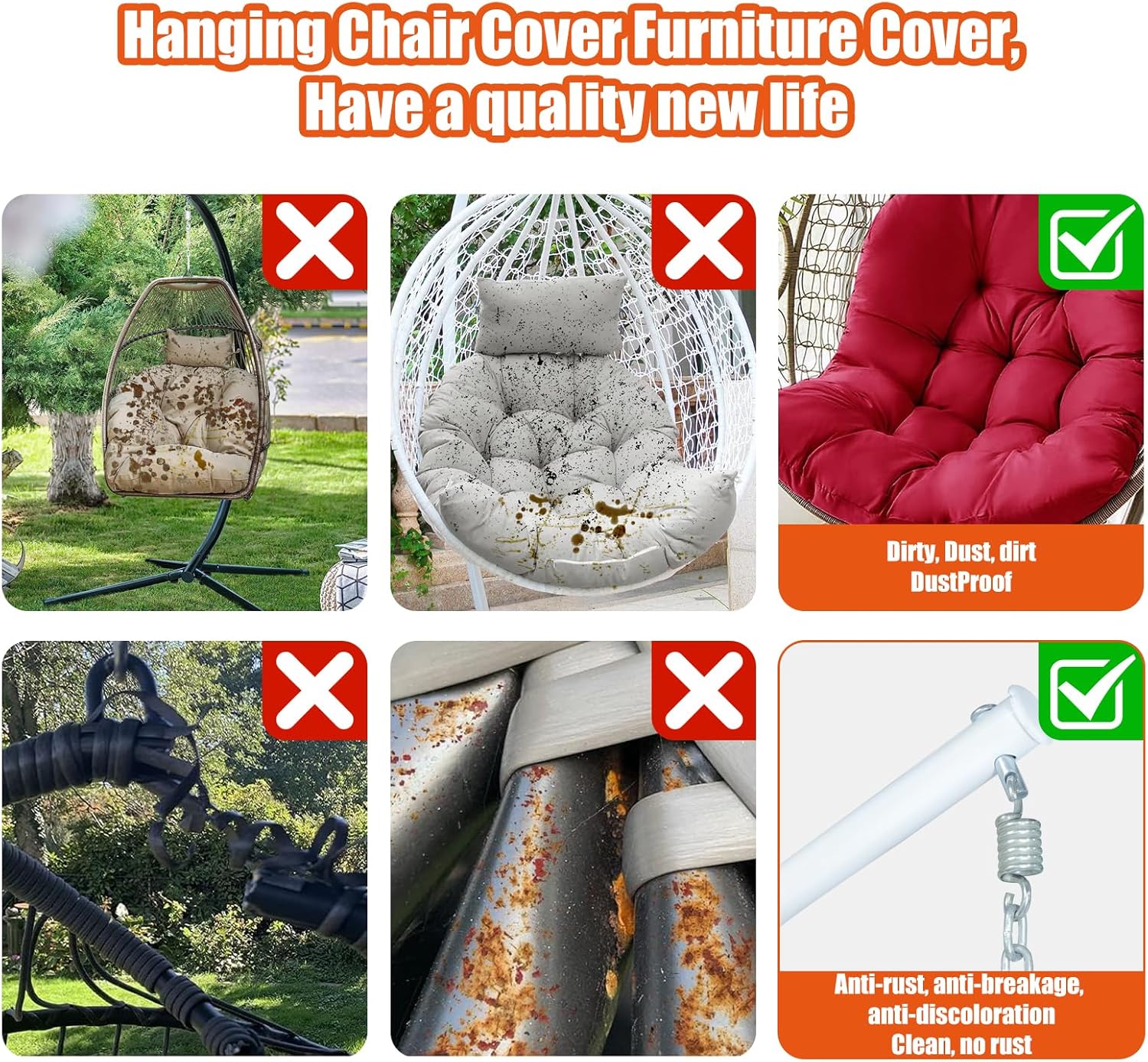 Funda para silla de huevo colgante de patio, 70 pulgadas de alto x 66 pulgadas de profundidad, impermeable, resistente a la intemperie, muebles de