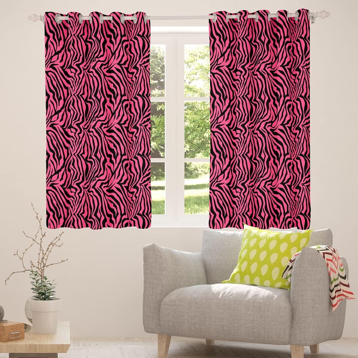 Cortinas de ventana rosa y negro para dormitorio, sala de estar, cortinas de rayas de cebra, cortinas de ventana con estampado de animales de safari