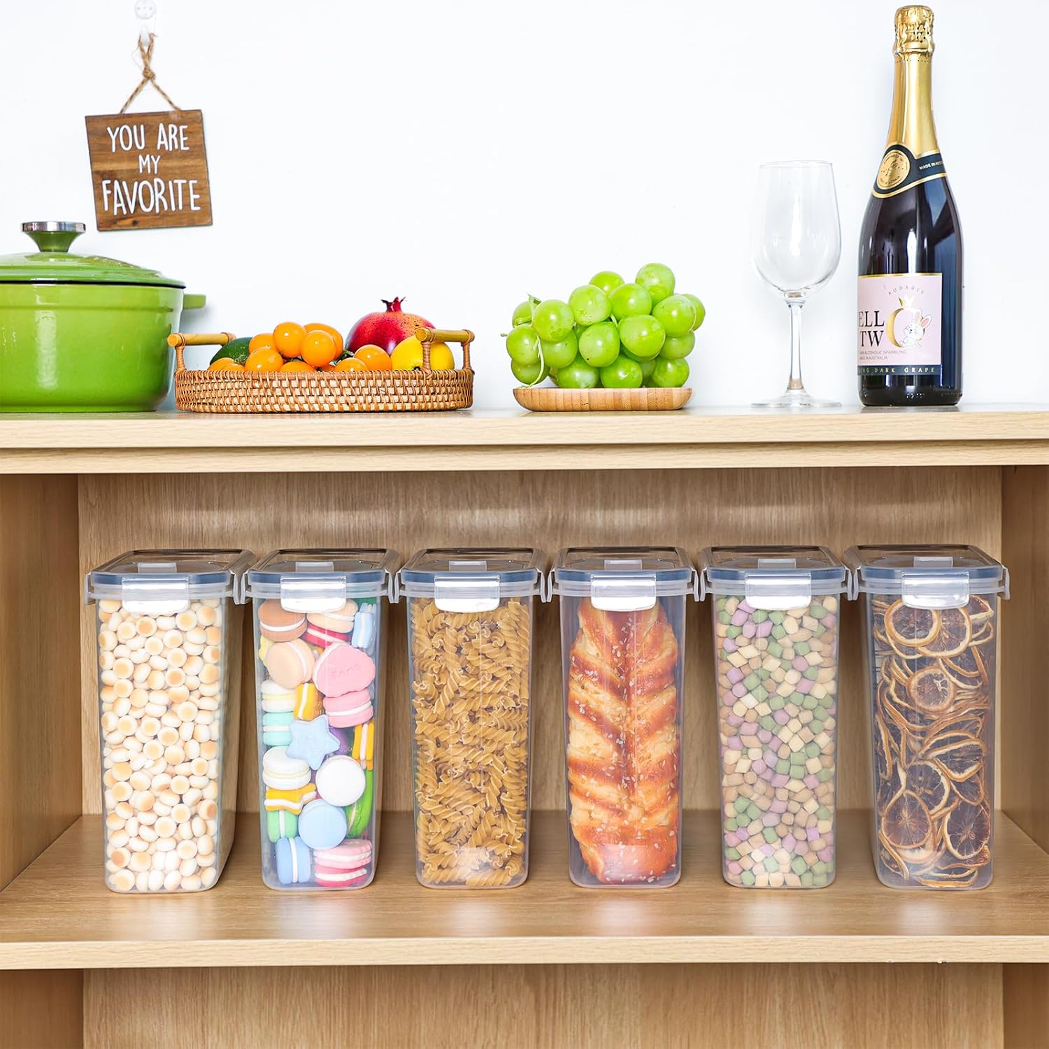 Moretoes Recipientes de cereales, 6 unidades de 4L 135 oz de plástico para despensa de cereales con cucharas medidoras, para harina, azúcar, arroz