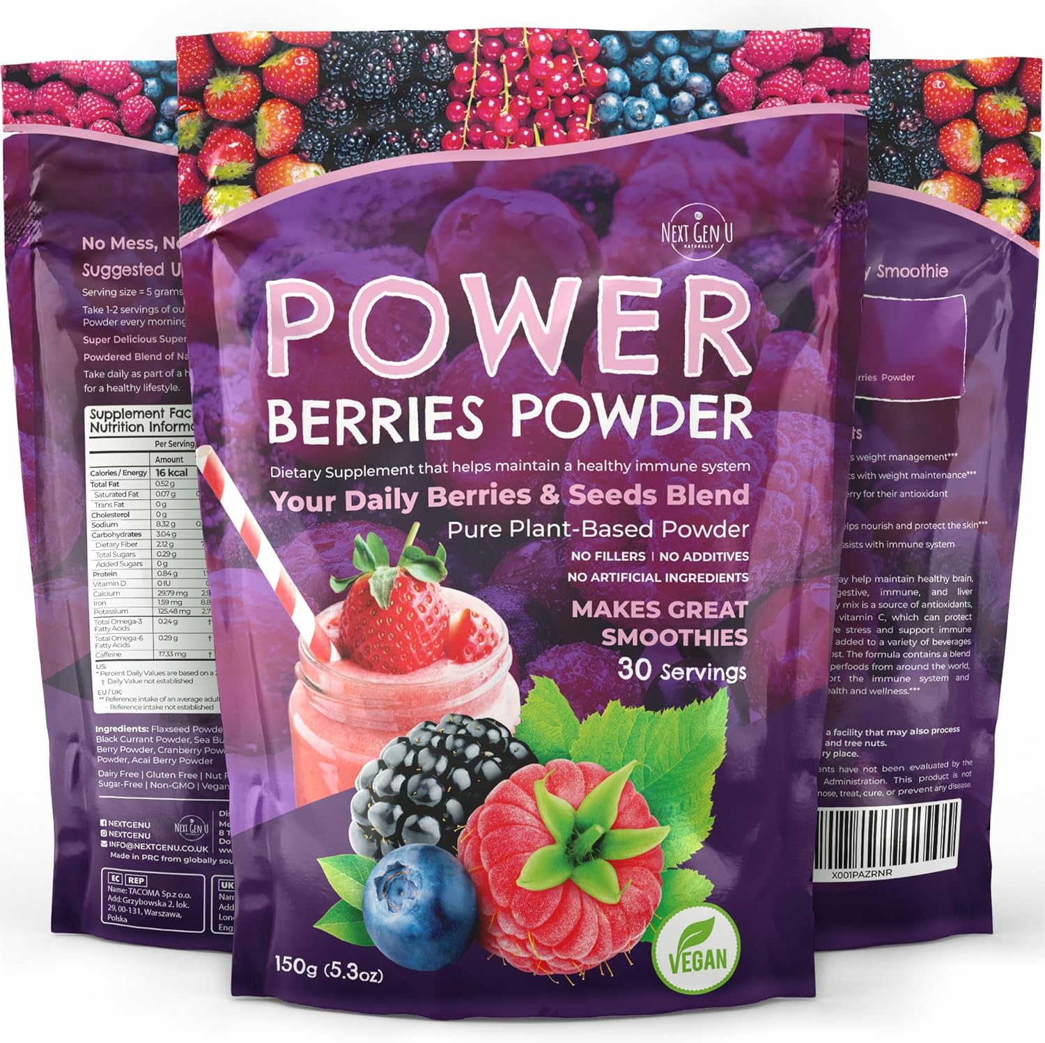 Next Gen U Super Berry Powder 5.29 oz, suplemento alimenticio de apoyo inmunológico, mezcla de batidos de bayas superalimentos para batidos,