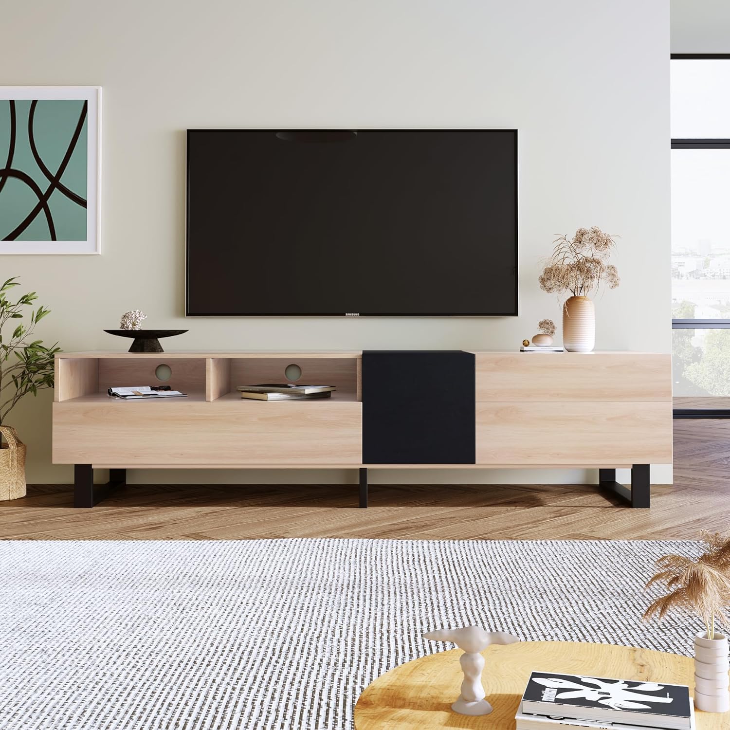 Soporte de TV de 70 pulgadas con armario de almacenamiento y estantes abiertos, consola de TV de madera natural para televisores de hasta 80