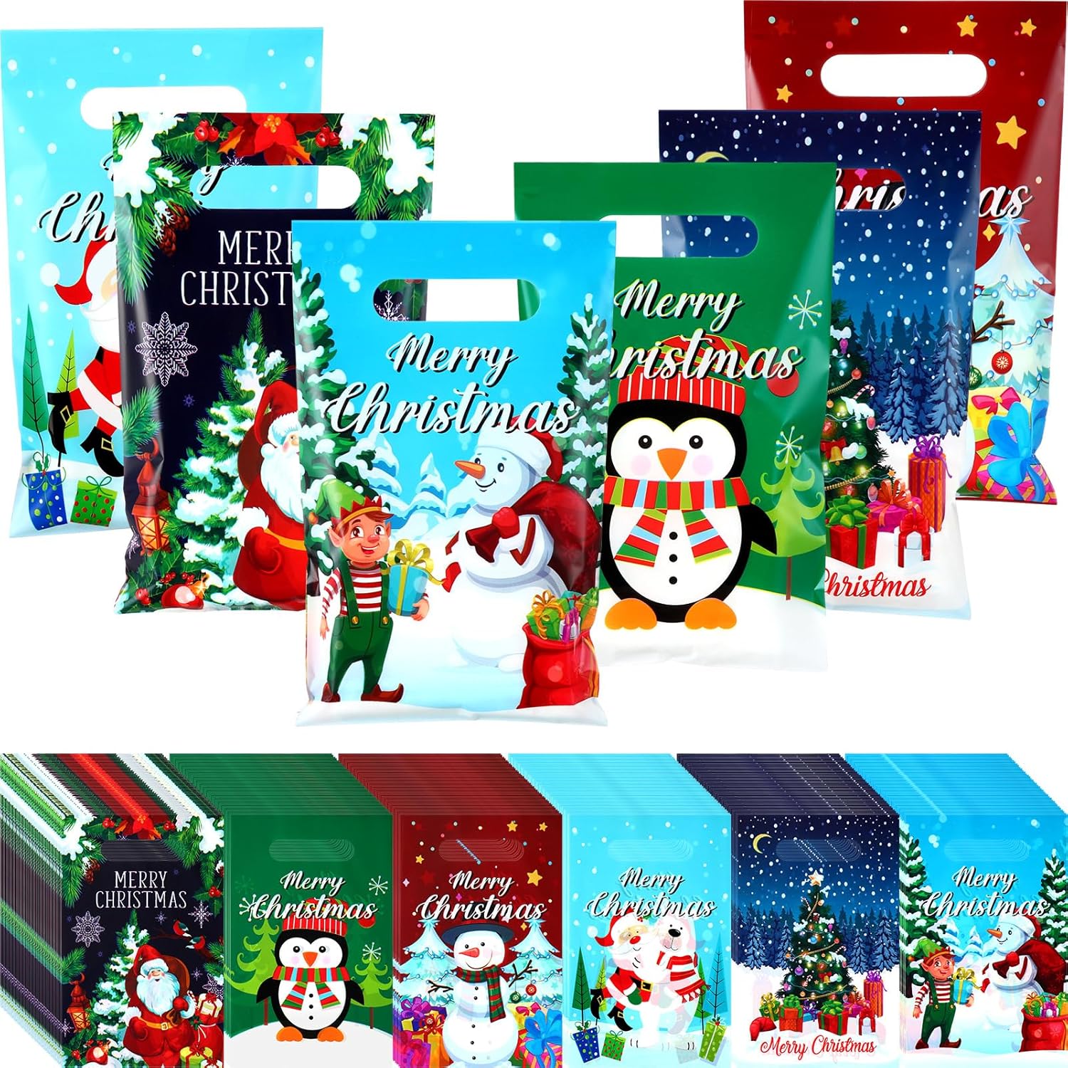 Silkfly Bolsas de regalo de Navidad, bolsas de plástico a granel con asas, bolsas de dulces de mercancía de 6.3 x 9.8 pulgadas, bolsa de regalo de