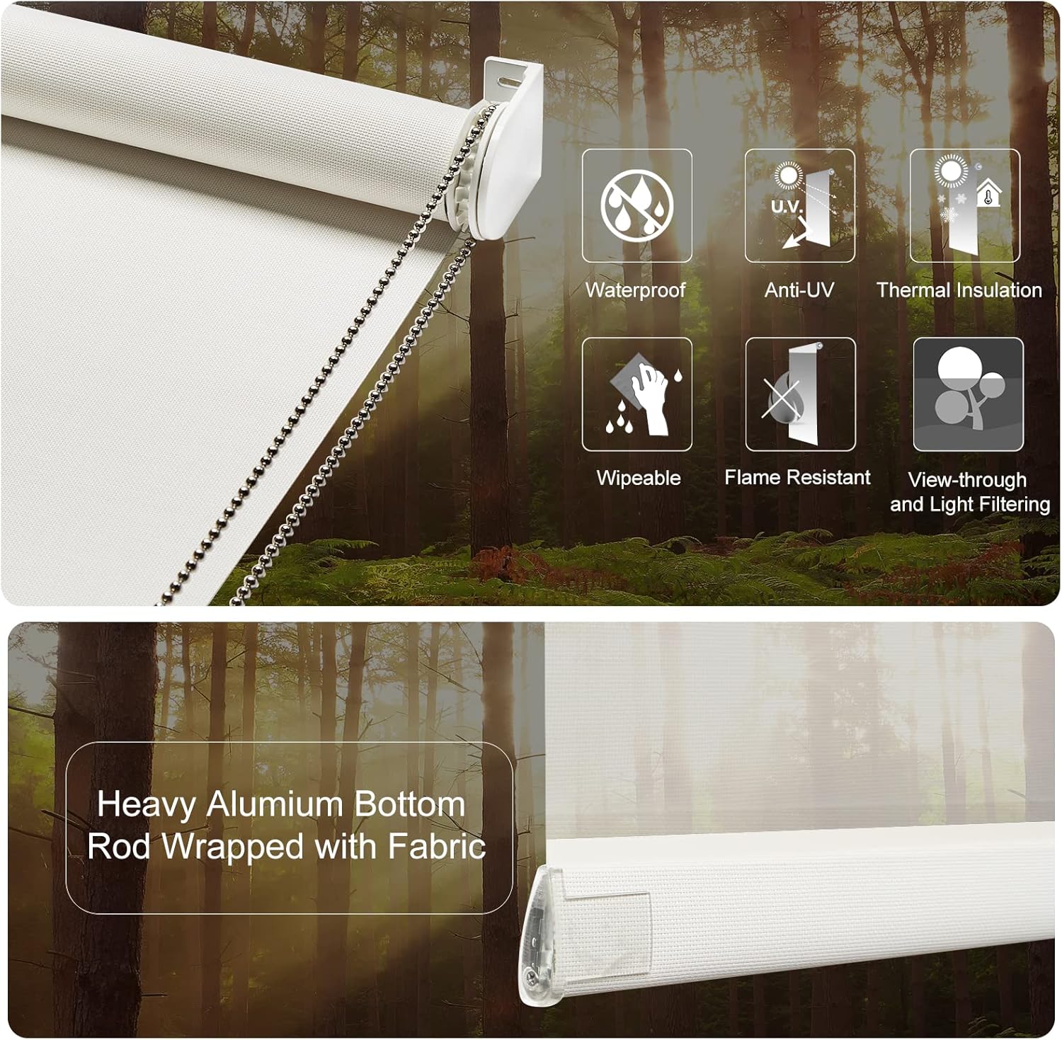 Persilux Persianas solares enrollables con filtro de luz para ventana, 47 pulgadas de ancho x 72 pulgadas de alto, color blanco hueso, persianas con