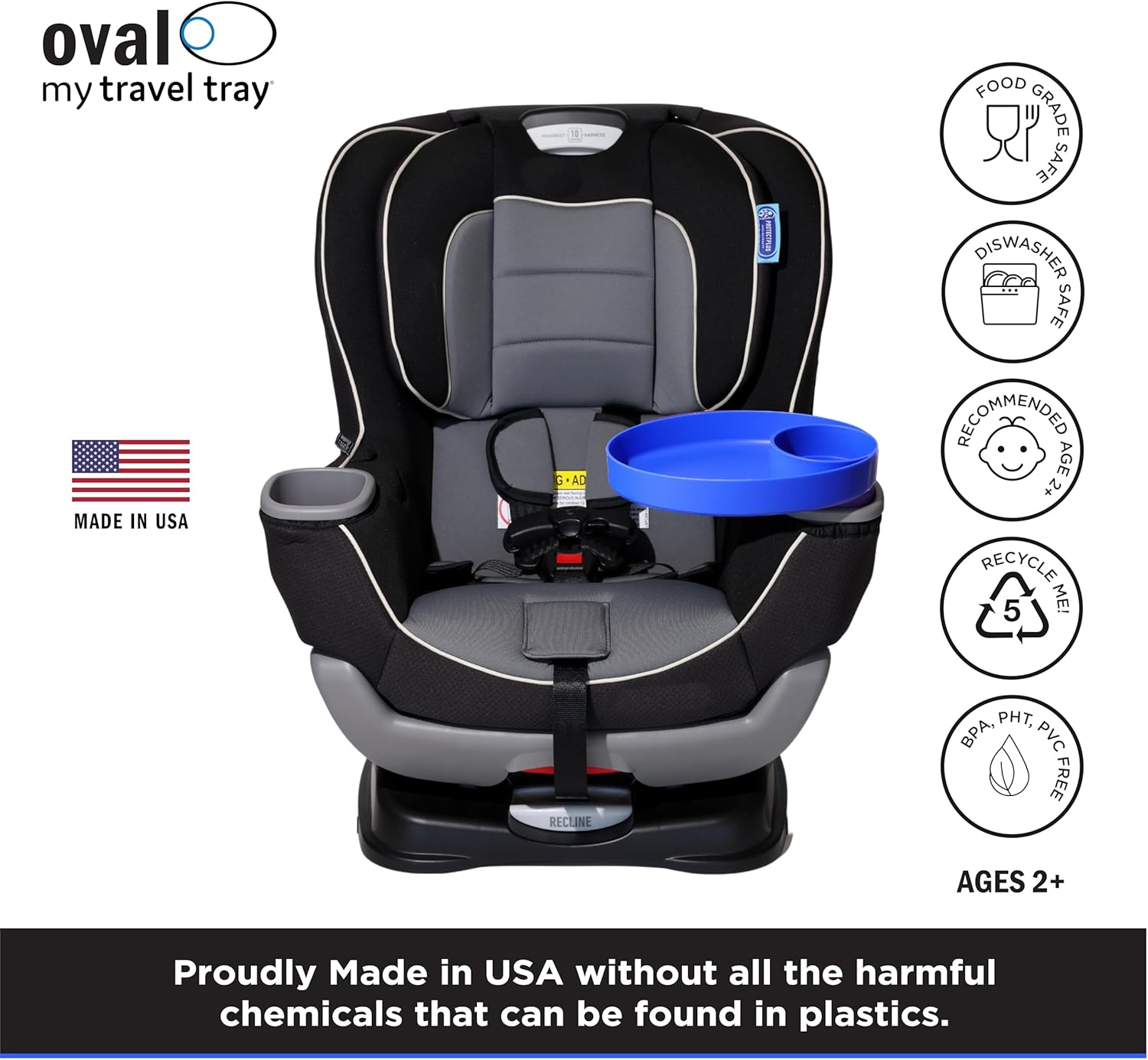My Travel Tray Oval, fabricado en Estados Unidos. Extiende tu portavasos actual para sostener tu taza más una bandeja para aperitivos, juguetes y