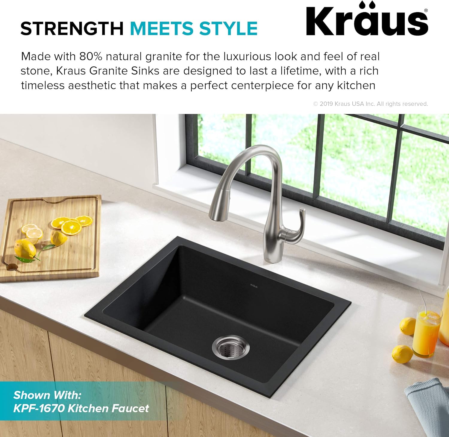 Kraus KGD-410B – Fregadero de cocina de granito ónix negro de 24 25 pulgadas de montaje doble y colador de fregadero de cocina PST1-BL, color negro