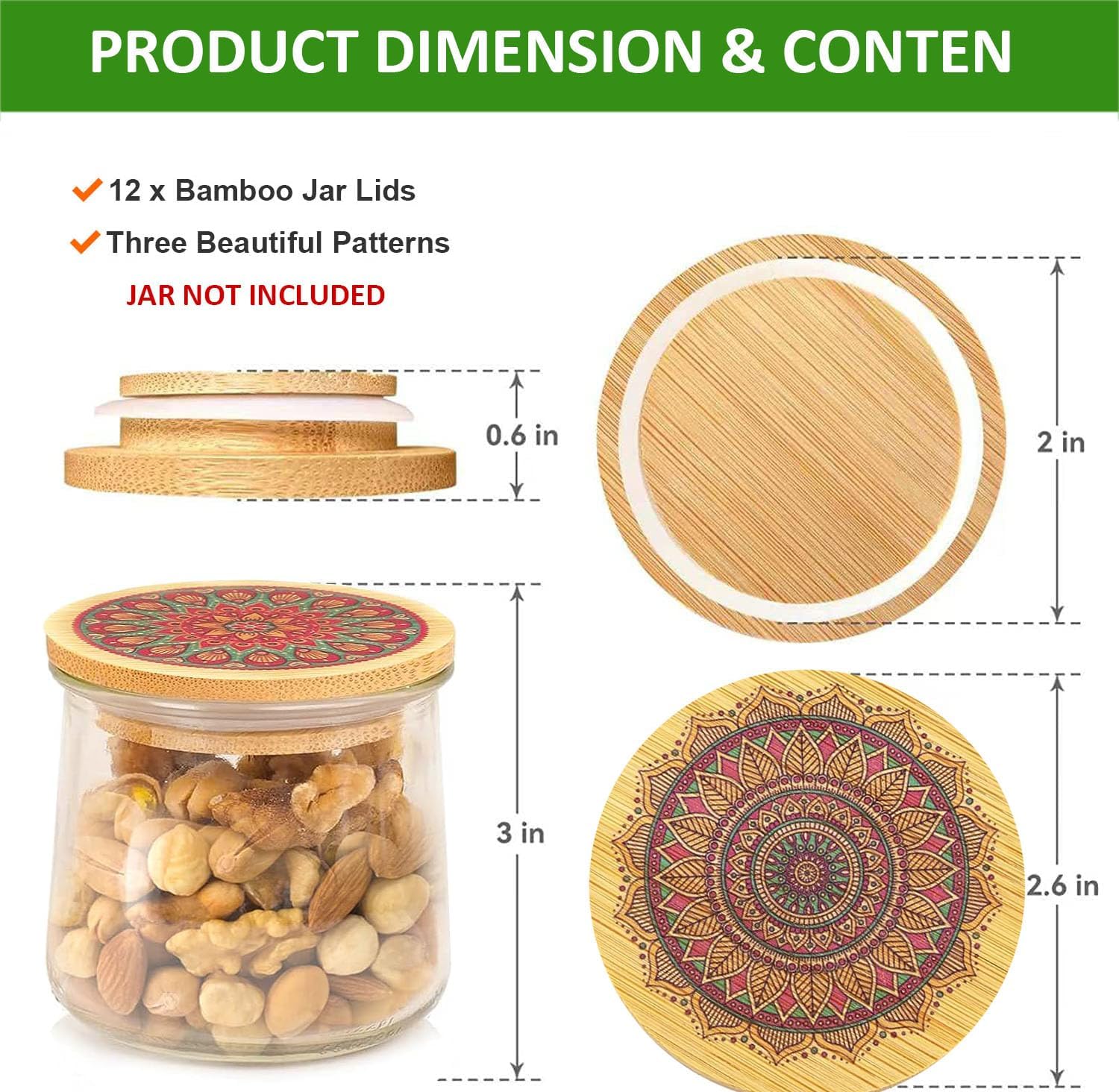 Paquete de 12 tapas para tarros de yogur Oui, tapas reutilizables de bambú natural de mandala Oui con anillos de sellado de silicona para tarros de