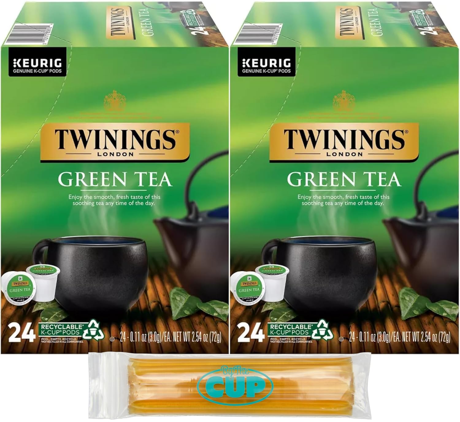 Twinings Tea Green Tea K-Cups, 24 unidades (paquete de 2) con palitos de miel By The Cup
