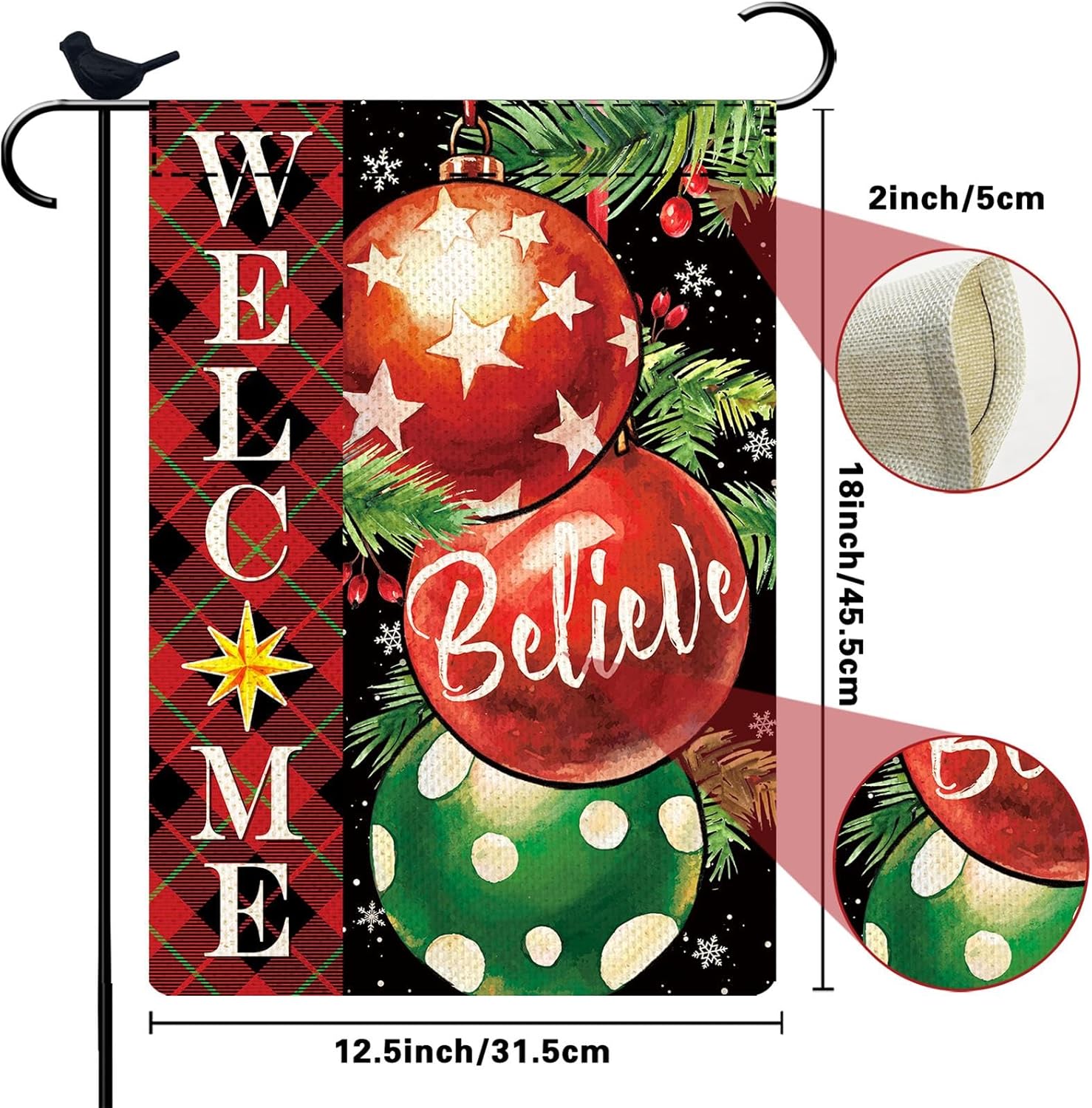 Bandera de jardín de Navidad con tres campanas rojas de arpillera pequeña vertical de 12 x 18 pulgadas, bandera para el árbol de Navidad para