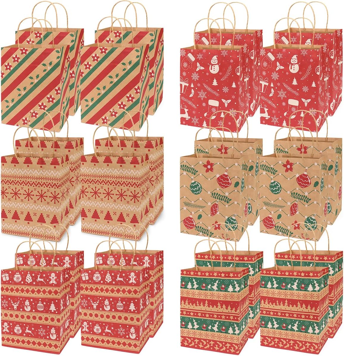 Bolsas de regalo de papel kraft de Navidad, 24 unidades de estilos surtidos, bolsas de papel pequeñas de Navidad con asas, bolsas de regalo de