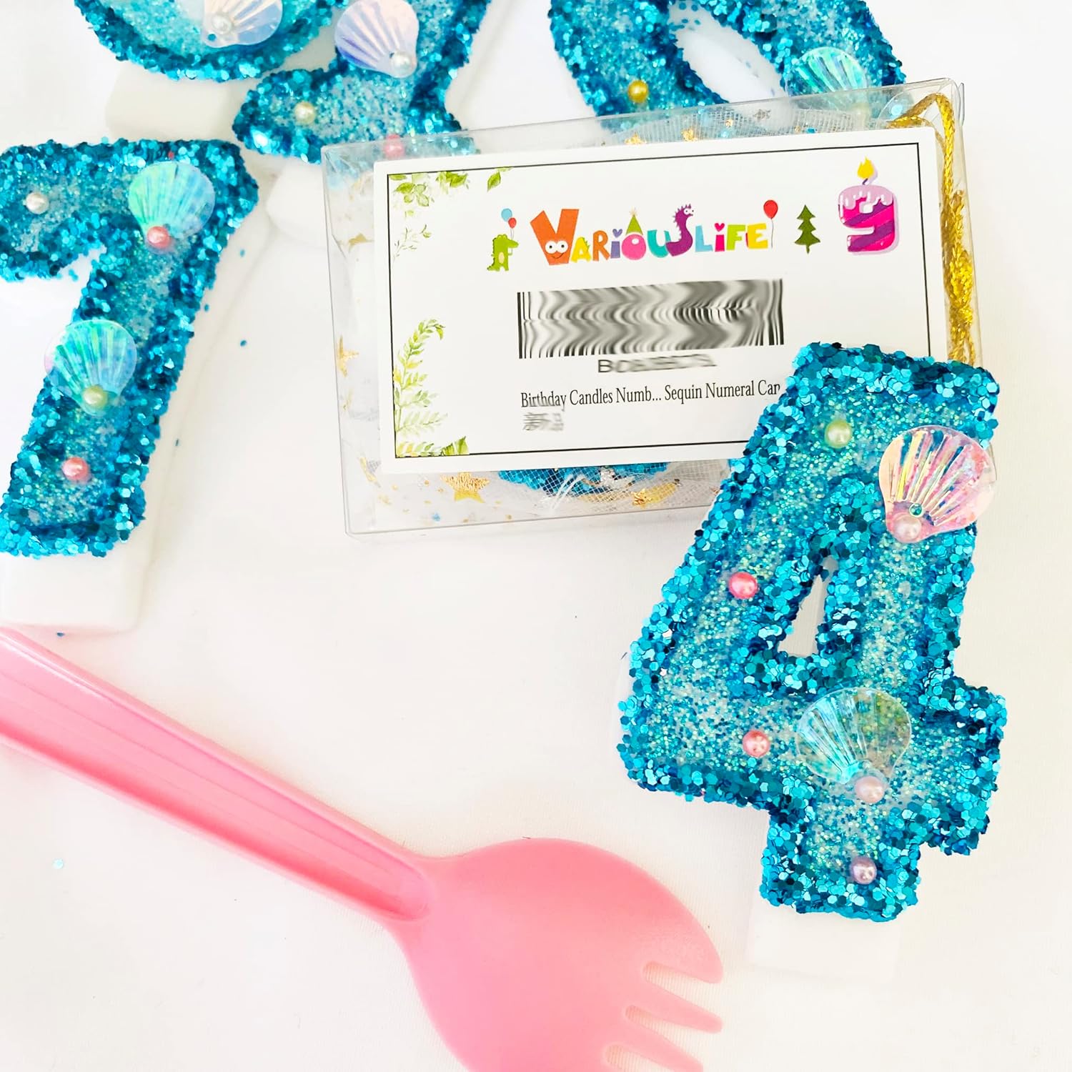 Vela de números azules, velas de números de lentejuelas para pasteles de cumpleaños, suministros de fiesta temática de sirena, vela número 4