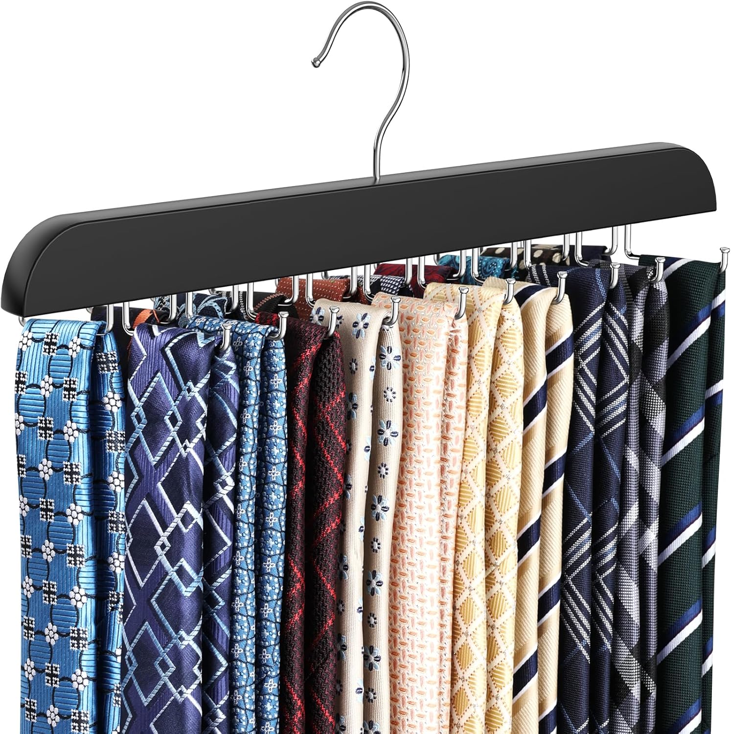 RESOVO Percha de corbata mejorada con 20 ganchos de metal plegables, organizador de corbatas que ahorra espacio para hombres, colgador de madera