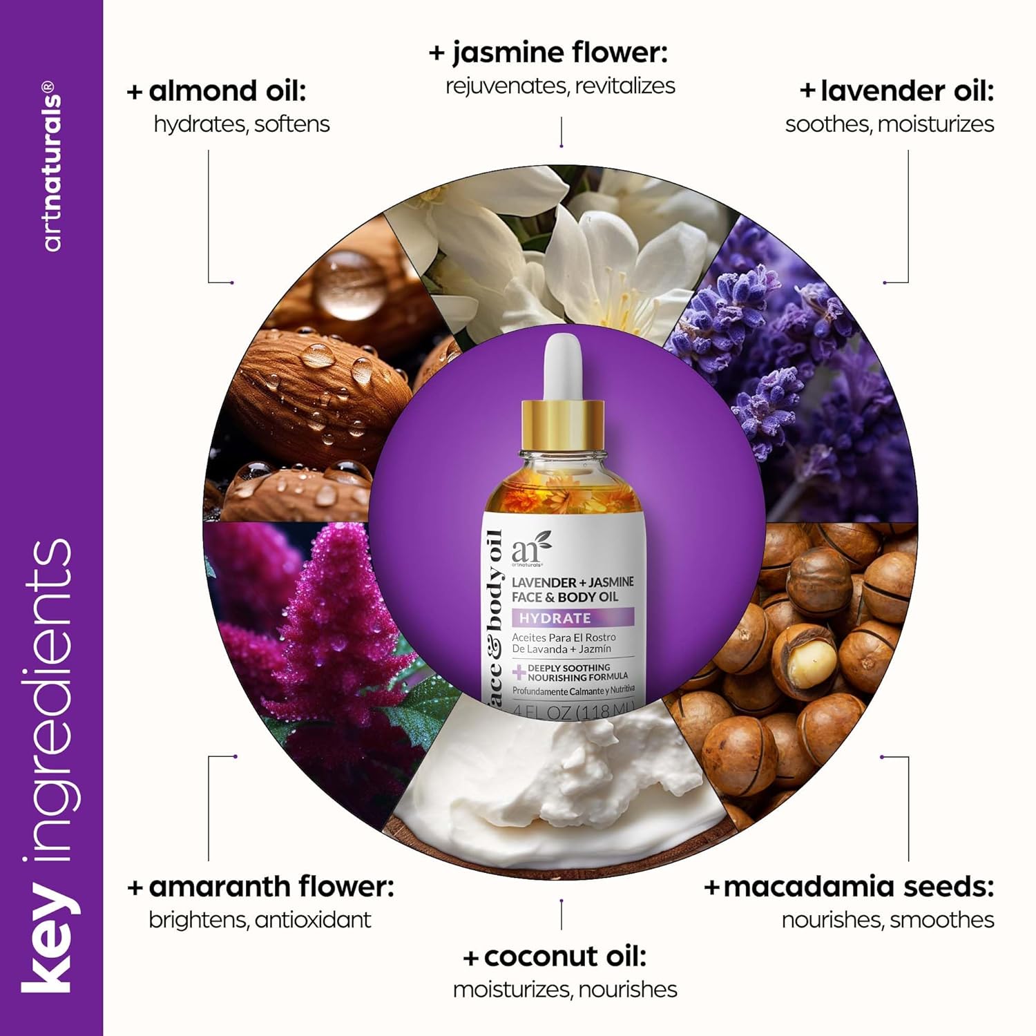 Artnaturals Aceite facial orgánico de lavanda + jazmín, 4.0 onzas, para cuerpo y cabello, 100% natural, hidrata, rejuvenece y mejora tu piel, aceite