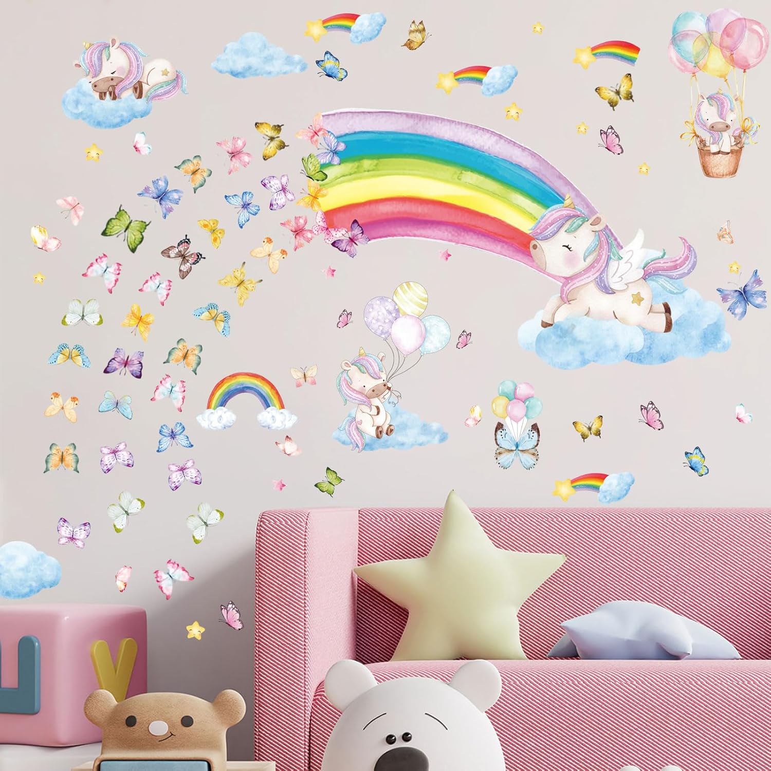 Calcomanías de pared grandes que brillan en la oscuridad de arcoíris y unicornio, calcomanías de pared brillantes y luminosas, calcomanías de pared