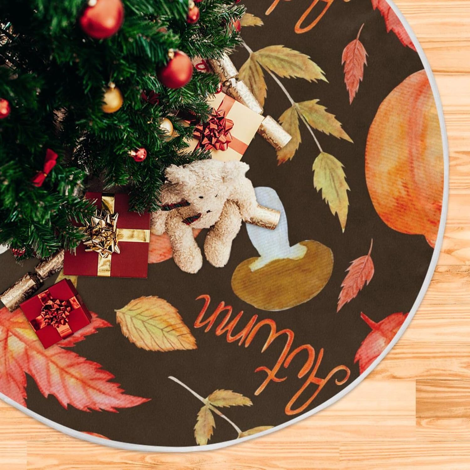 Atercolor – Falda de árbol de Navidad con elementos otoñales, acogedora decoración de Navidad, falda de árbol lavable de 35.4 pulgadas, decoración