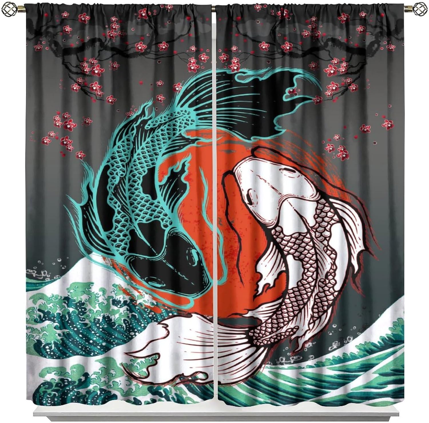 SENQIAN Koi – Cortinas opacas para cocina, estética japonesa, romántica, flor de cerezo, ondas, con bolsillo para cortinero, cortinas opacas para