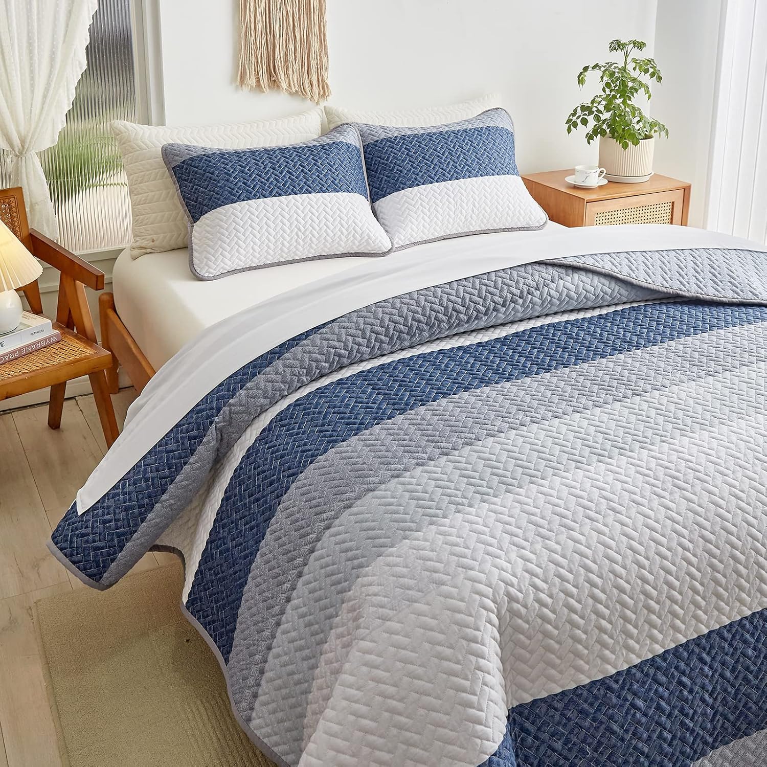 Juego de edredón de algodón a rayas tamaño King con rayas azul marino, blanco, azul, gris, algodón suave, reversible, juego de ropa de cama de 3