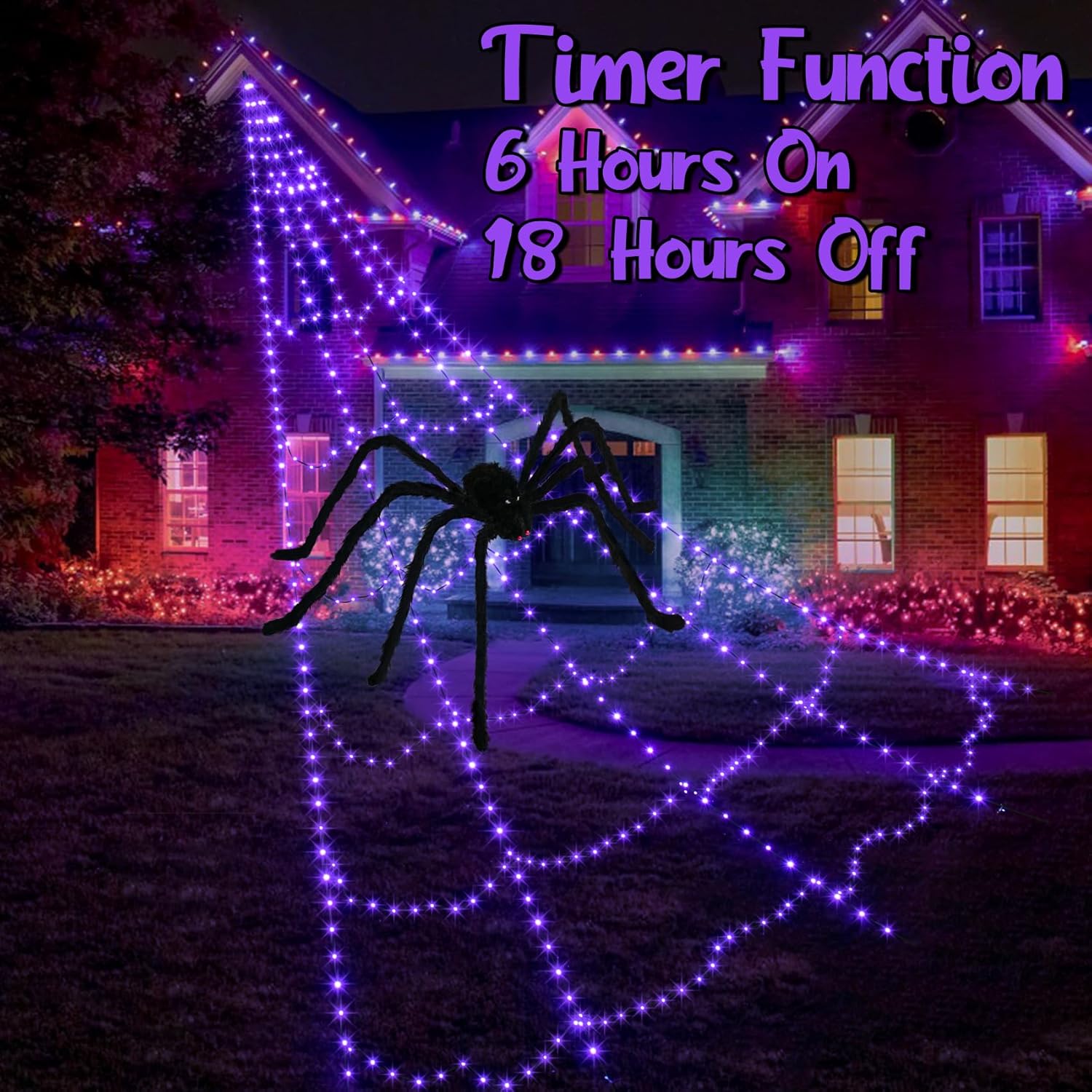 Dorizeg Telarañas para decoración de Halloween al aire libre, 455 luces LED con telaraña elástica grande de 59 pulgadas y 3.53 oz (100 g), 11 modos