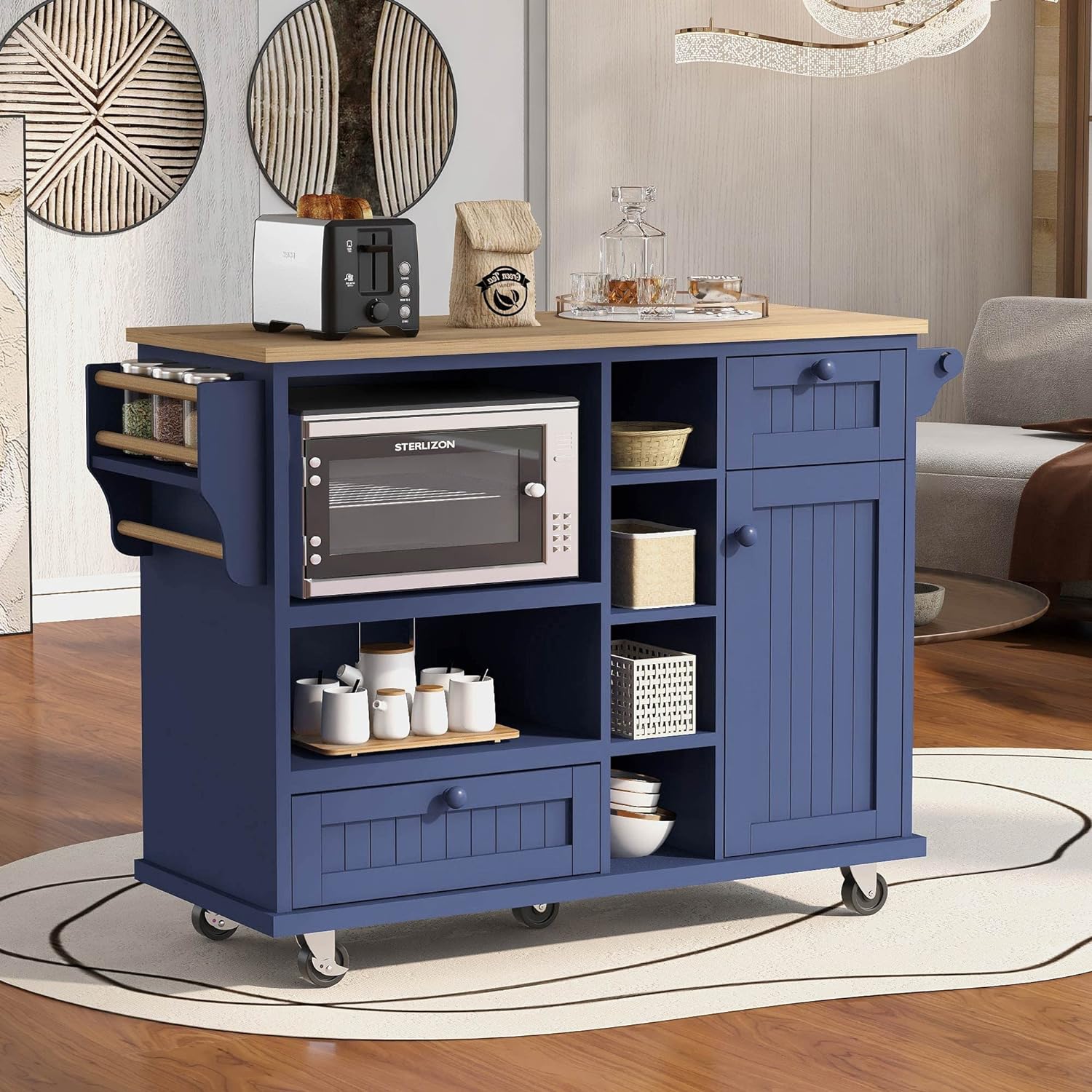 Bellemave Carrito de isla de cocina rodante con ruedas con armario de almacenamiento, carrito de cocina móvil con 2 cajones y toallero, barra de