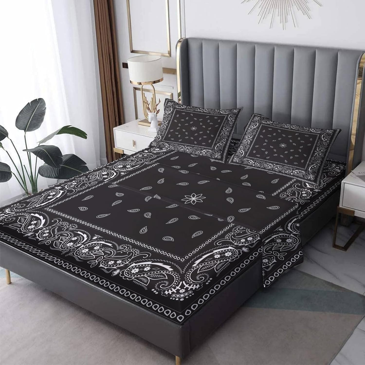 THYUNQ Sábanas tipo bandana color negro, tamaño Queen, sábanas y fundas de almohada con patrón de cachemira, bolsillo profundo de 16 pulgadas, juego