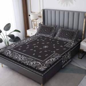 THYUNQ Sábanas tipo bandana color negro, tamaño Queen, sábanas y fundas de almohada con patrón de cachemira, bolsillo profundo de 16 pulgadas, juego THYUNQ Sábanas tipo bandana color negro, tamaño Queen, sábanas y fundas de almohada con patrón de cachemira, bolsillo profundo de 16 pulgadas, juego