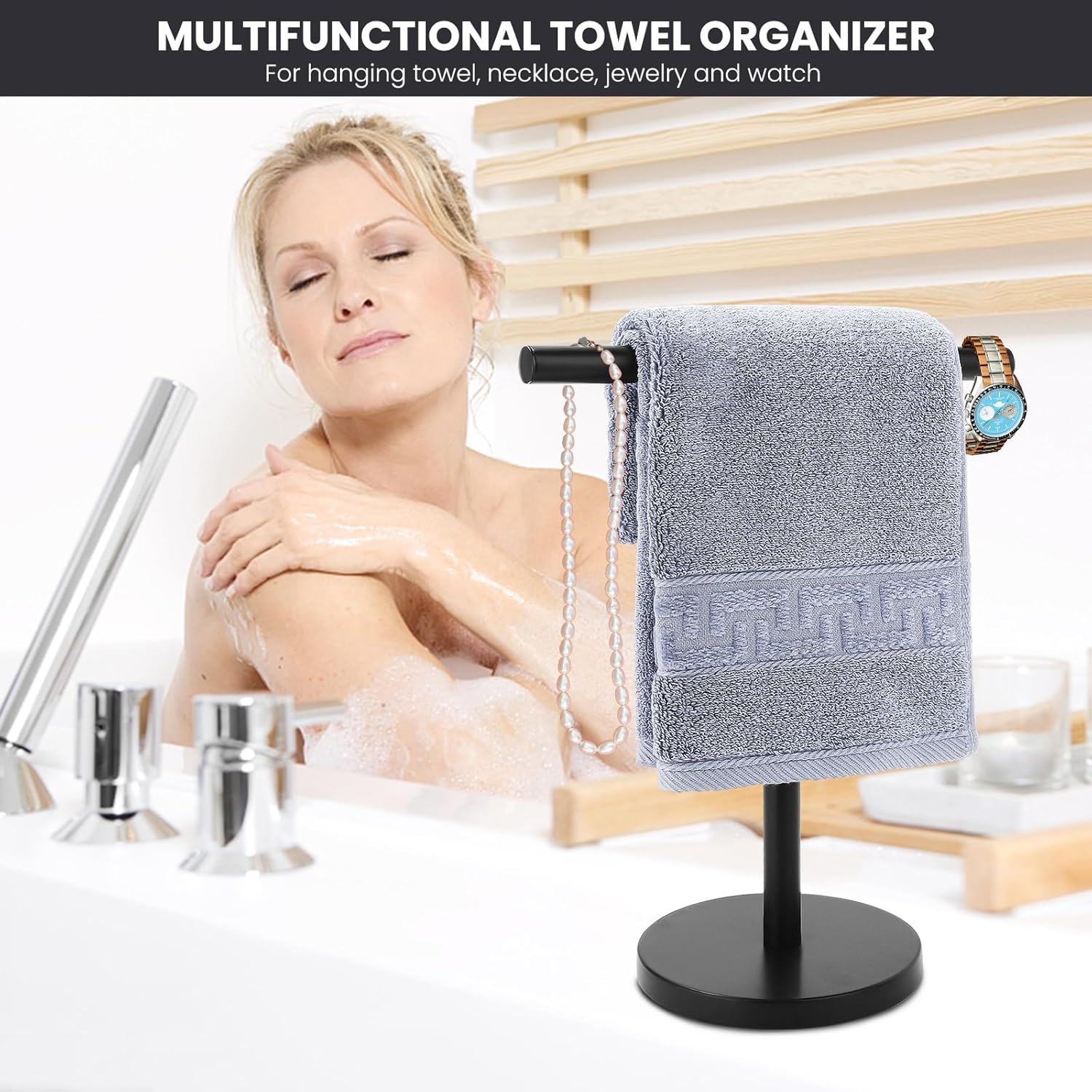 Zitalupy Toallero de mano de baño en forma de T, toallero de mano de acero inoxidable con base pesada, para baño, cocina y encimera, color negro