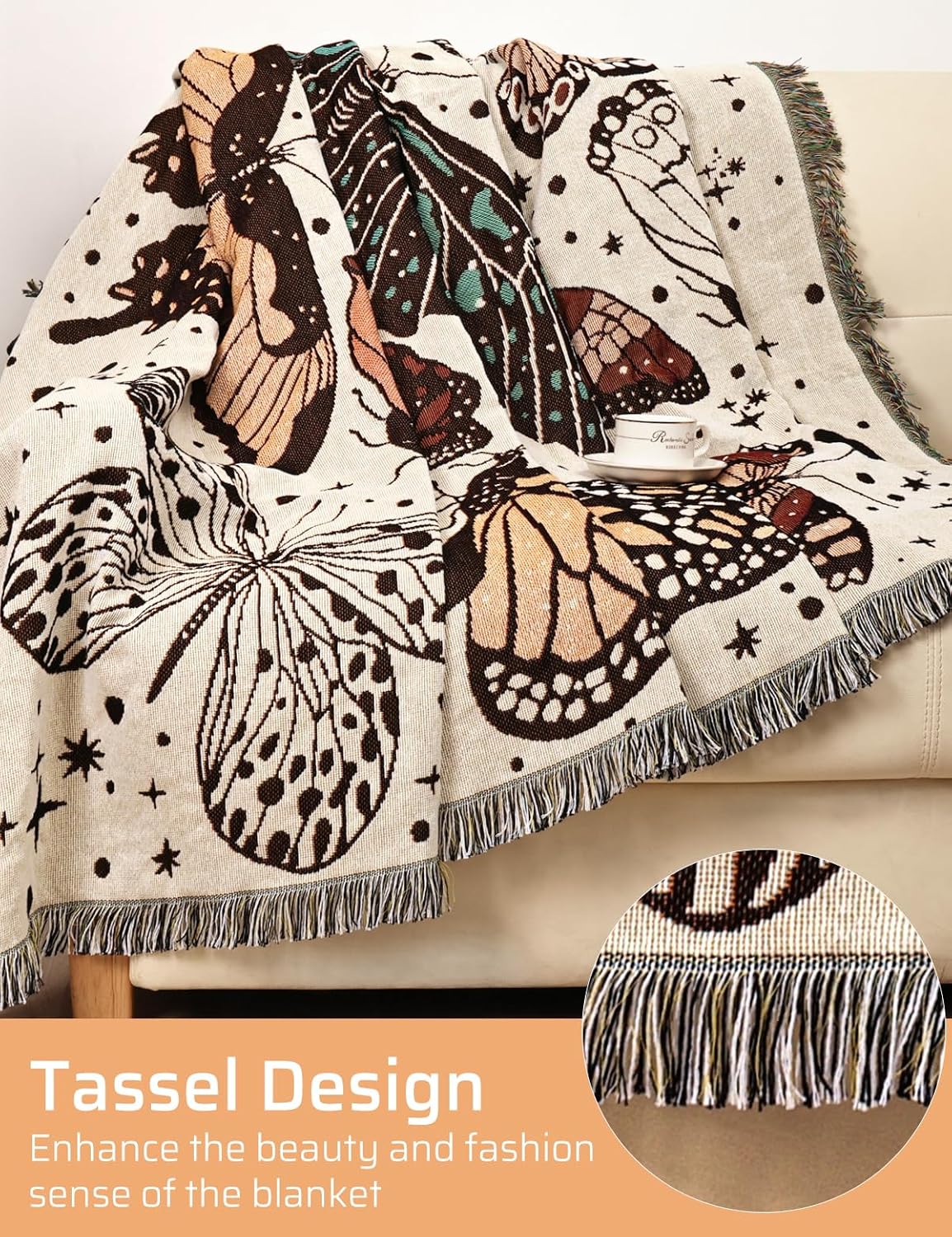 Shesyuki Manta bohemia reversible de algodón, tapiz bohemio hippie para decoración de habitación de doble cara (estampado de polilla de monte 60 x