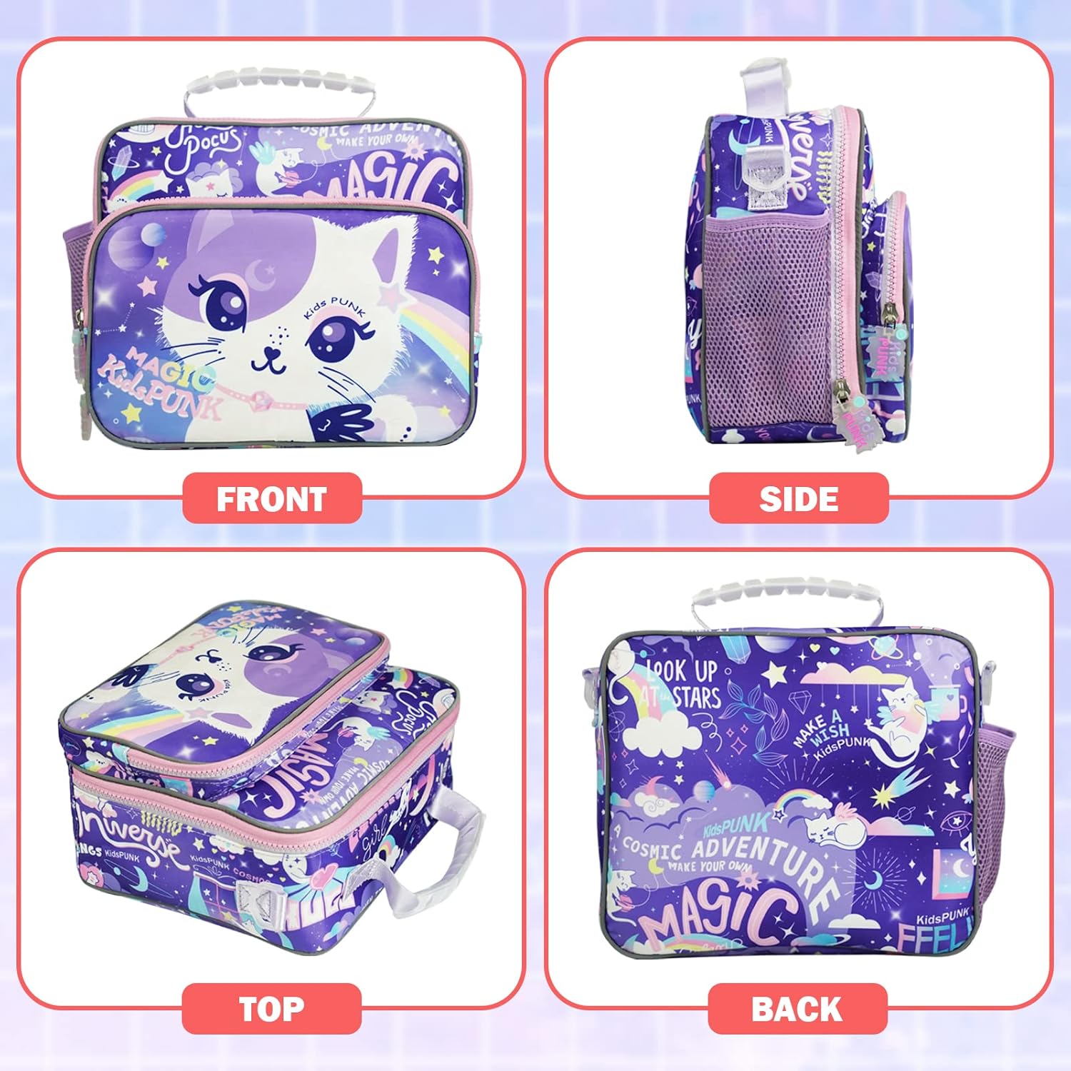Purple Cat – Lonchera unisex para niños y niñas, de aluminio, con soporte para botella de agua, aislada, sin BPA, fácil de limpiar, gran habitación
