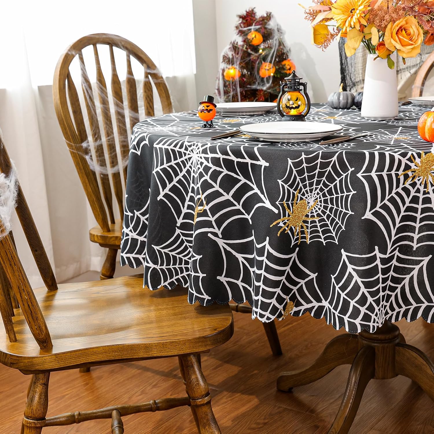 Mantel redondo de Halloween de 70 x 70 pulgadas, decoraciones de Halloween para el hogar, patrón de telaraña, decoración de Halloween, mantel de