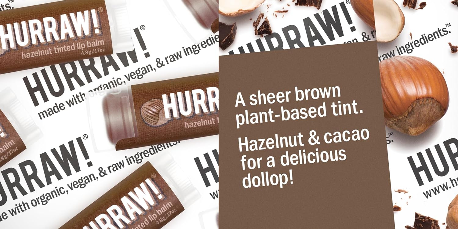 Hurraw! Bálsamo labial teñido de avellana (tinte marrón transparente) orgánico, certificado vegano, sin crueldad y sin gluten. Sin OMG, ingredientes