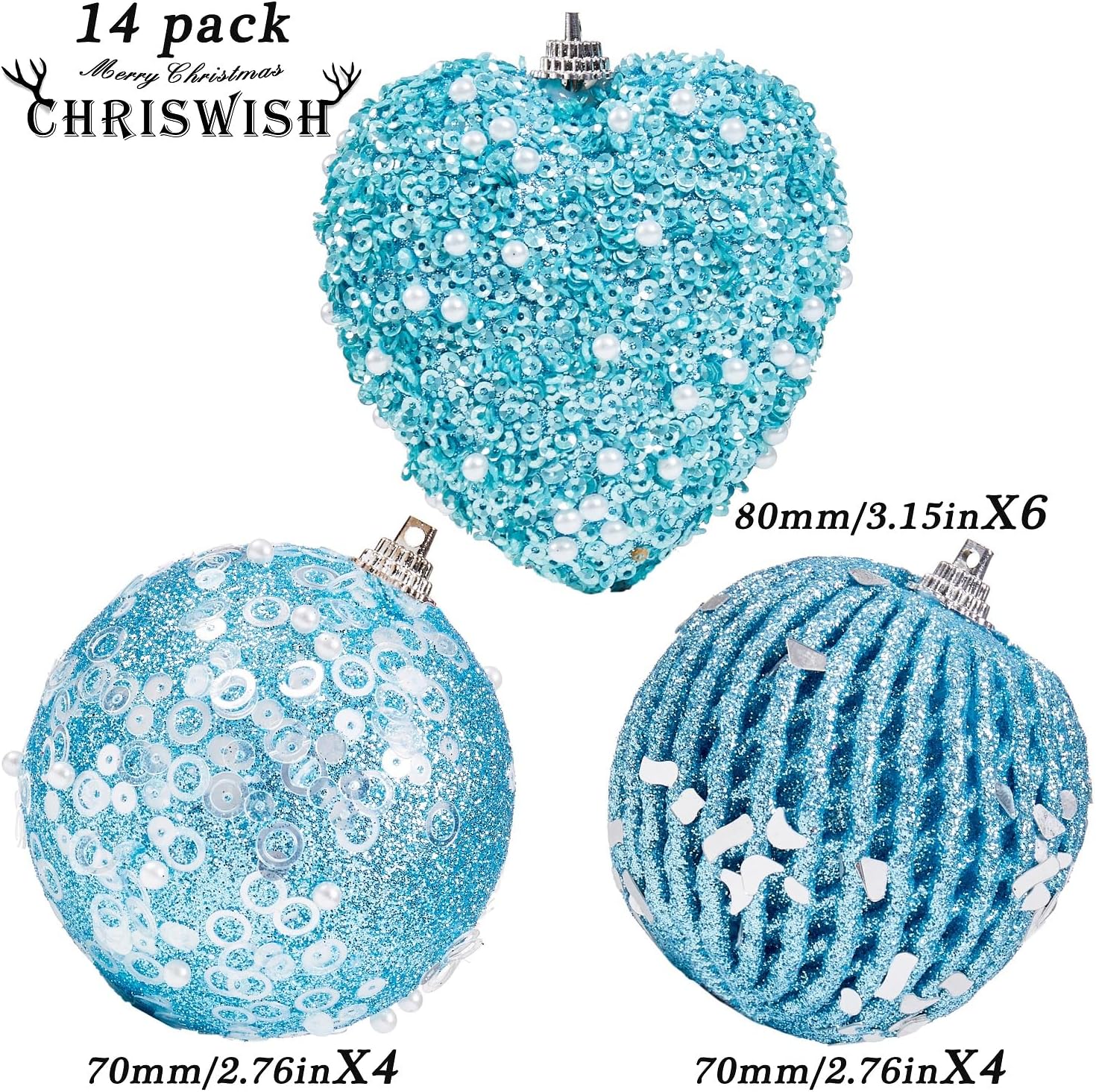 14 adornos de corazón azul bebé y adornos de bolas de Navidad, decoraciones de bolas de Navidad, bolas de perlas colgantes de plástico inastillables
