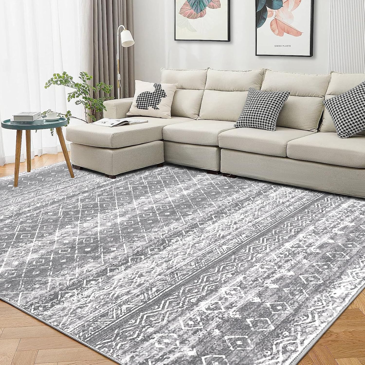 HEBE Alfombra bohemia de 5 x 7 pies, grande, envejecida, lavable, para dormitorio, suave, antideslizante, comedor, alfombra vintage para el suelo,