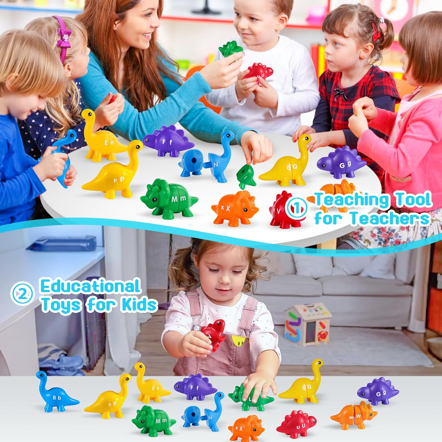 Rukkawwa Juguetes de dinosaurio con letras a juego, 26 piezas ABC para niños de 3 a 5 años, juguetes educativos de doble cara con minúscula