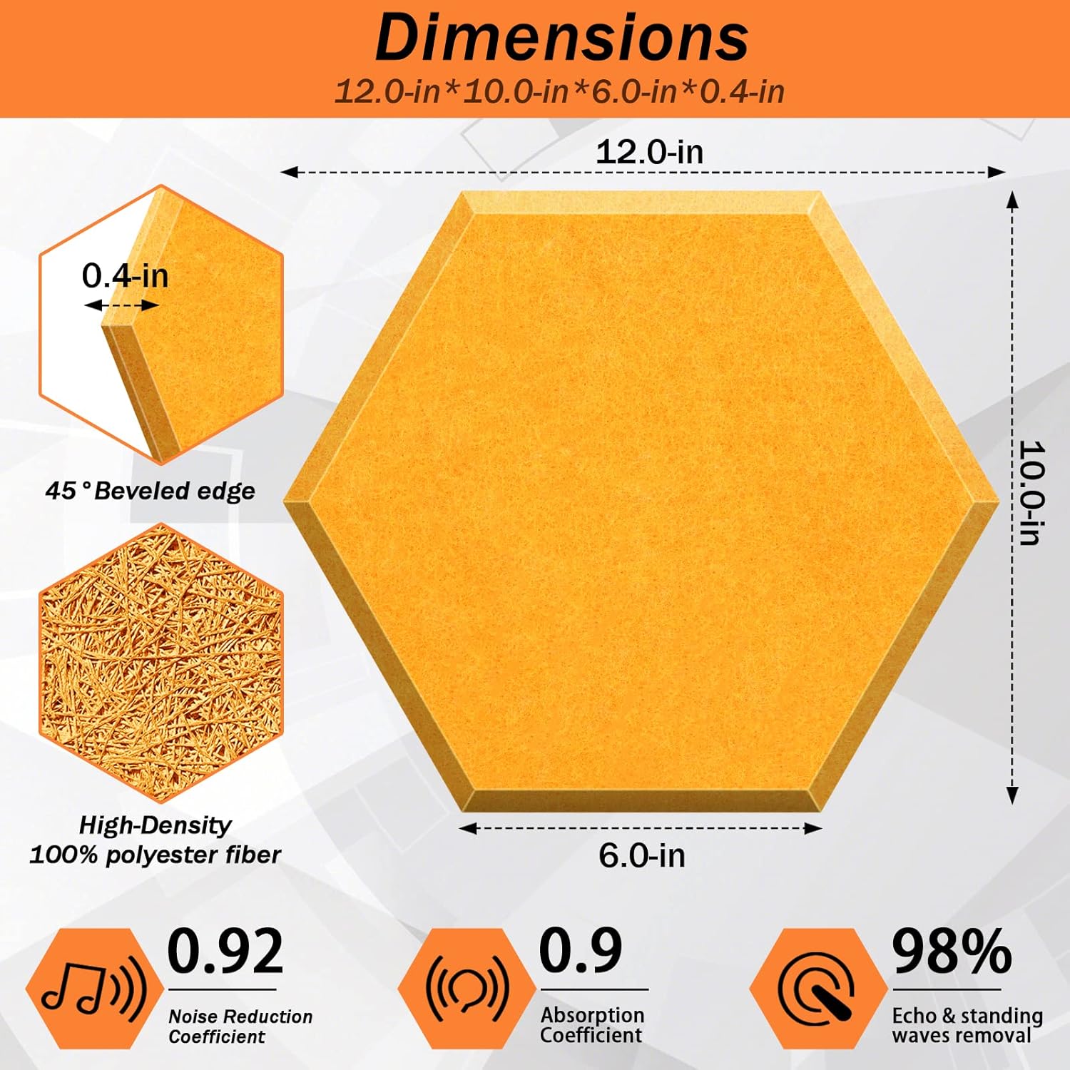 DEKIRU Paquete de 12 paneles acústicos, paneles de espuma a prueba de sonido, hexagonales, autoadhesivos, de 12 x 10 x 0.4, resistentes al fuego,